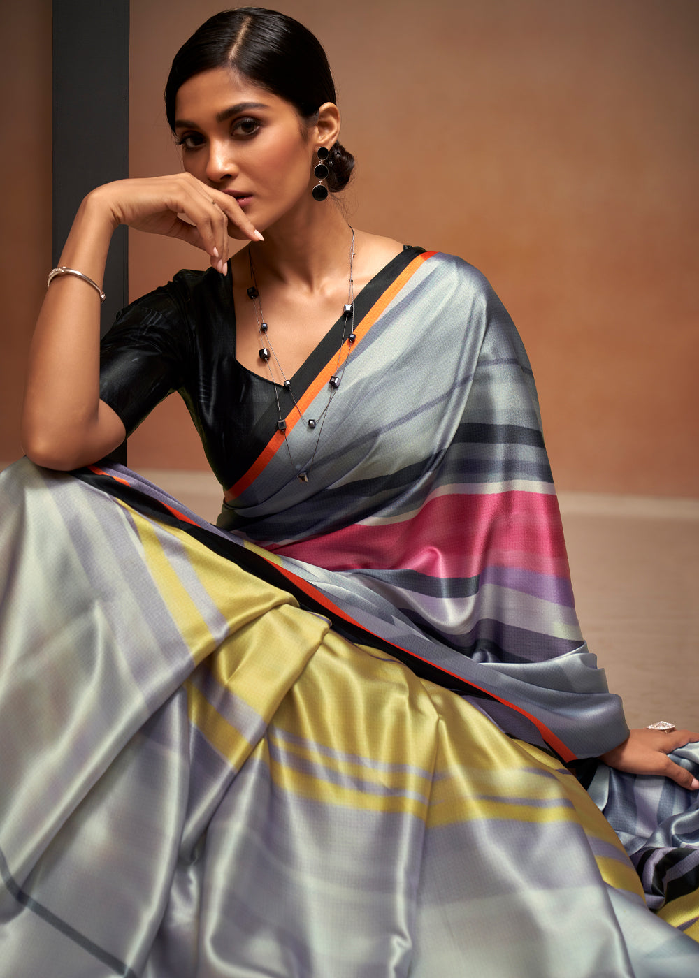 Santas Grey Printed Satin Silk Saree