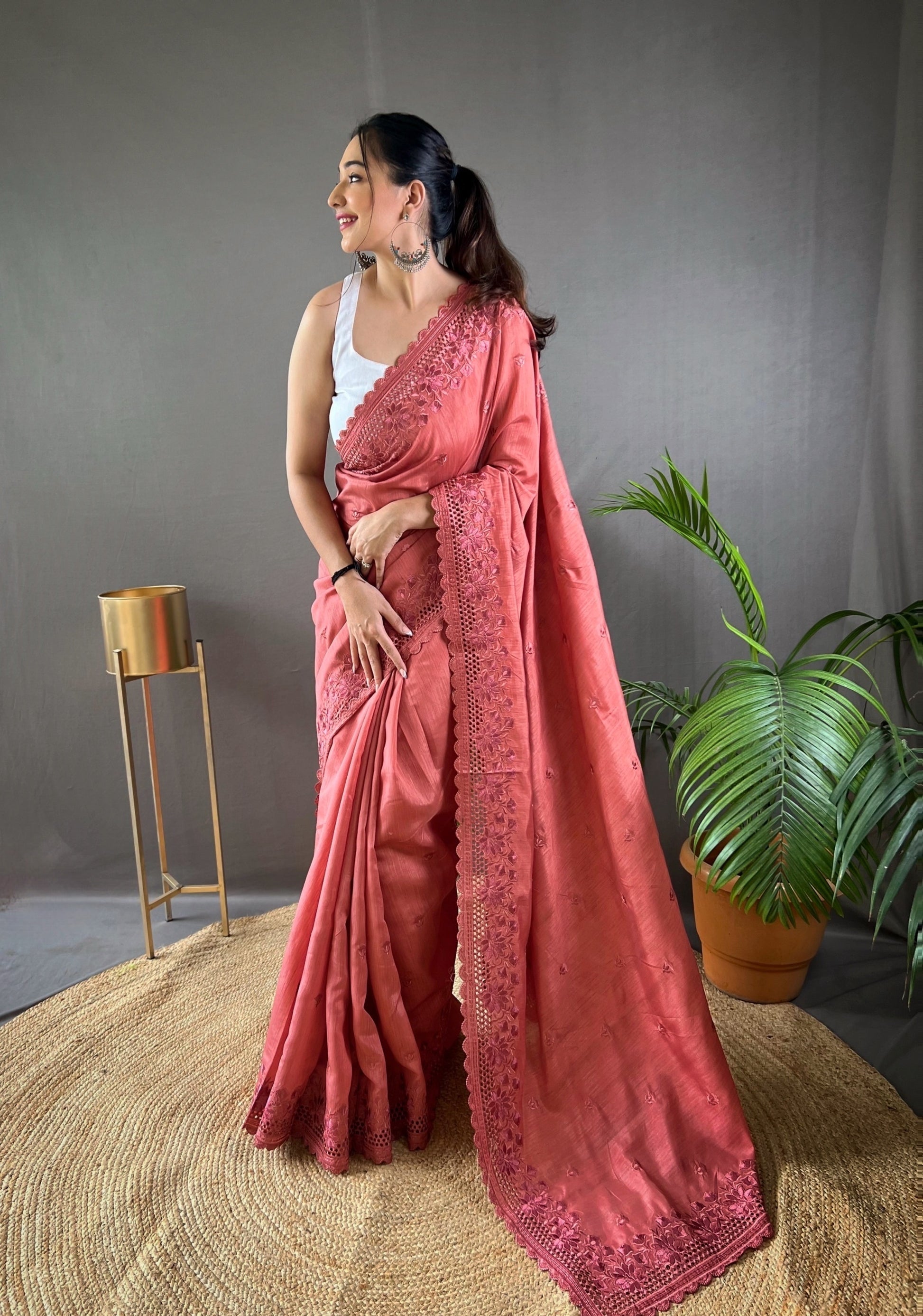 Chestnut Rose Pink Embroidered Tussar Silk Silk Saree