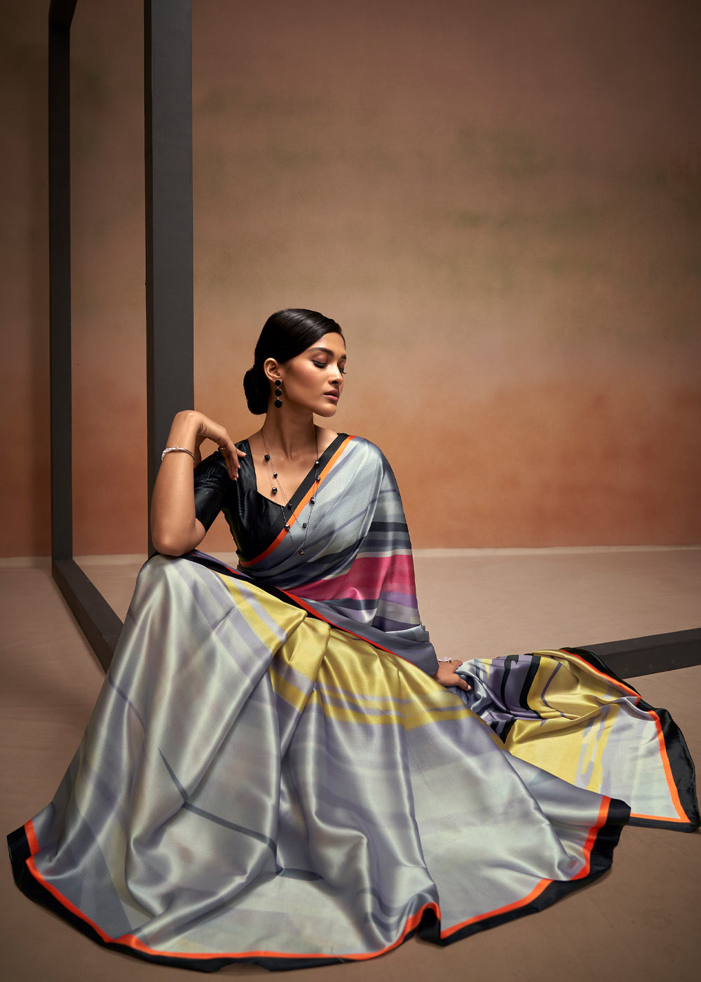 Santas Grey Printed Satin Silk Saree