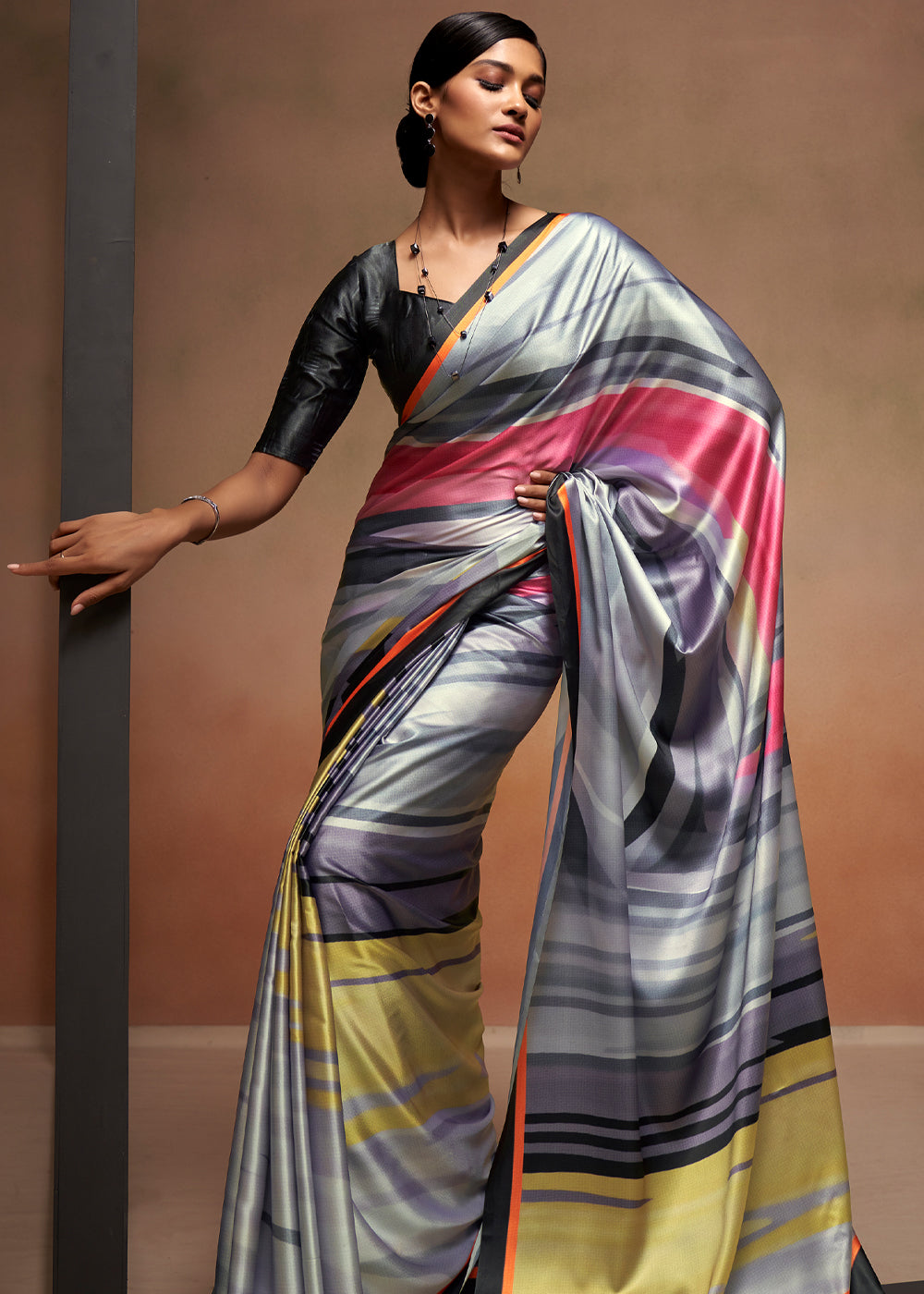 Santas Grey Printed Satin Silk Saree