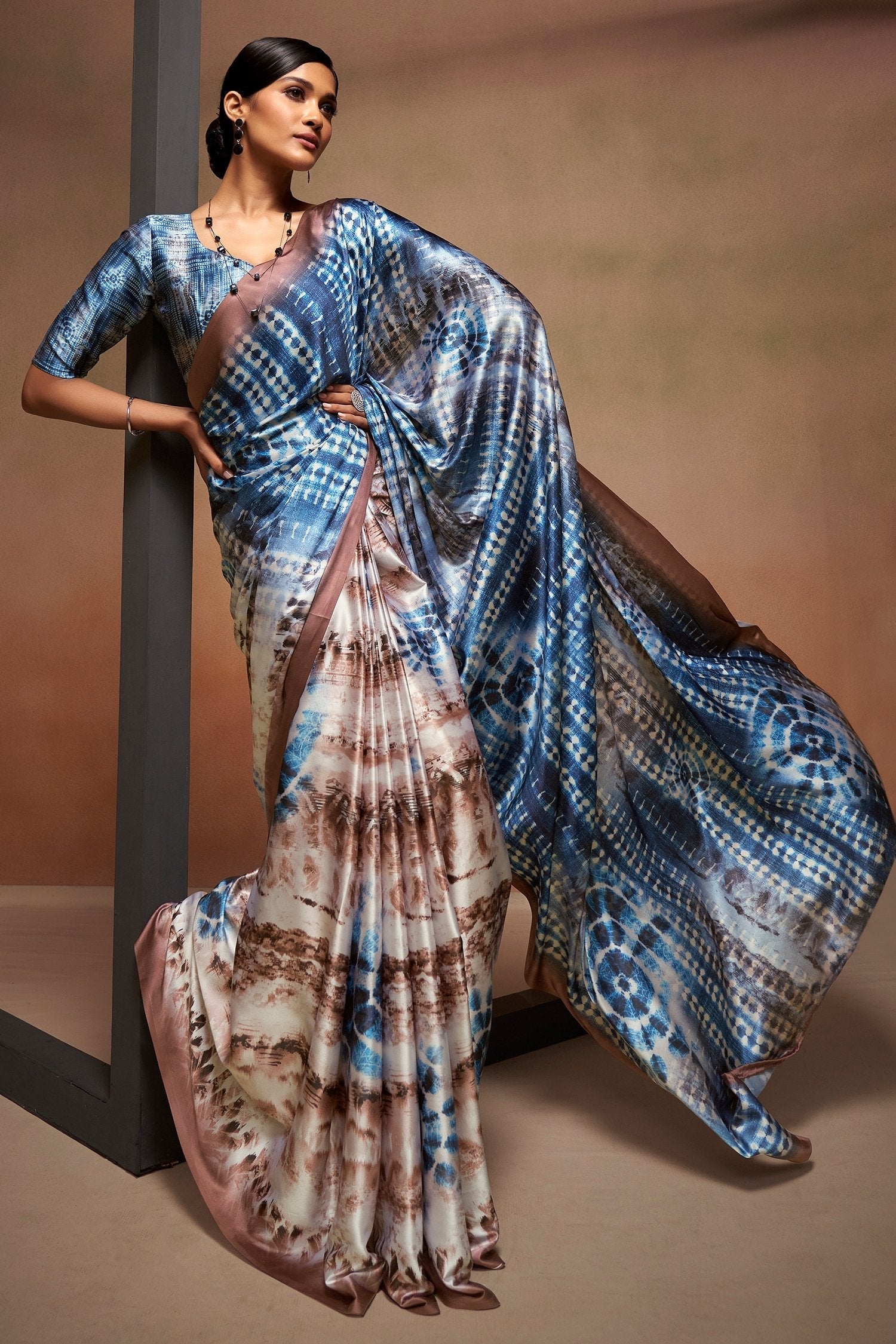 Wild Blue Yonder Printed Satin Silk Saree