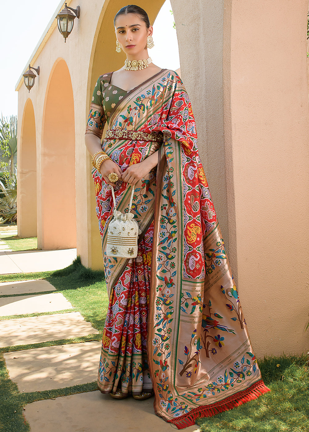 Carmine Red Woven Paithani Silk Saree