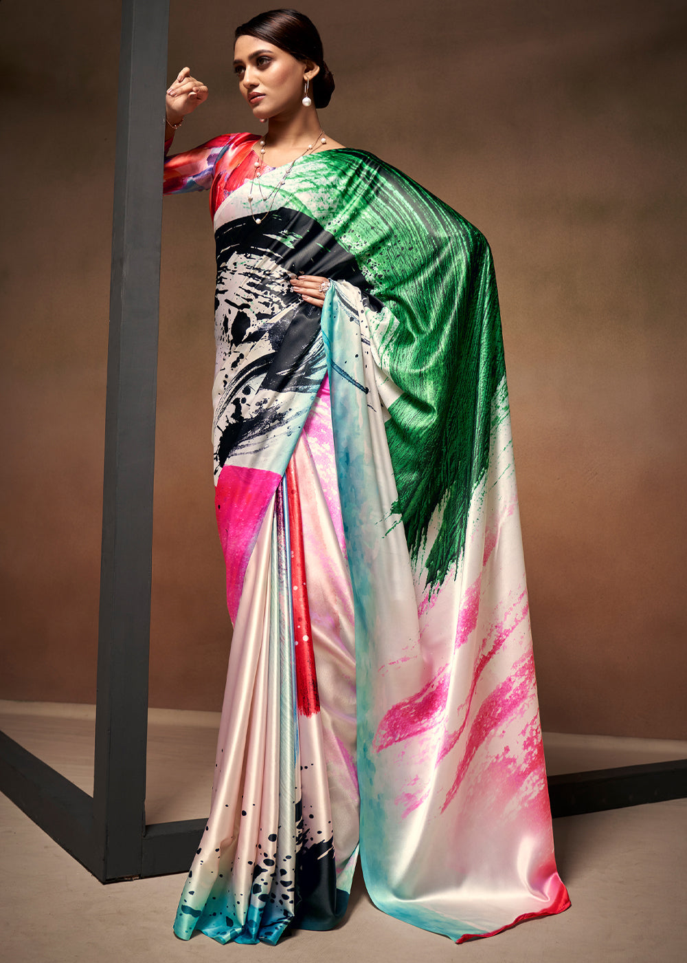 Multicolor Pink Printed Satin Silk Saree