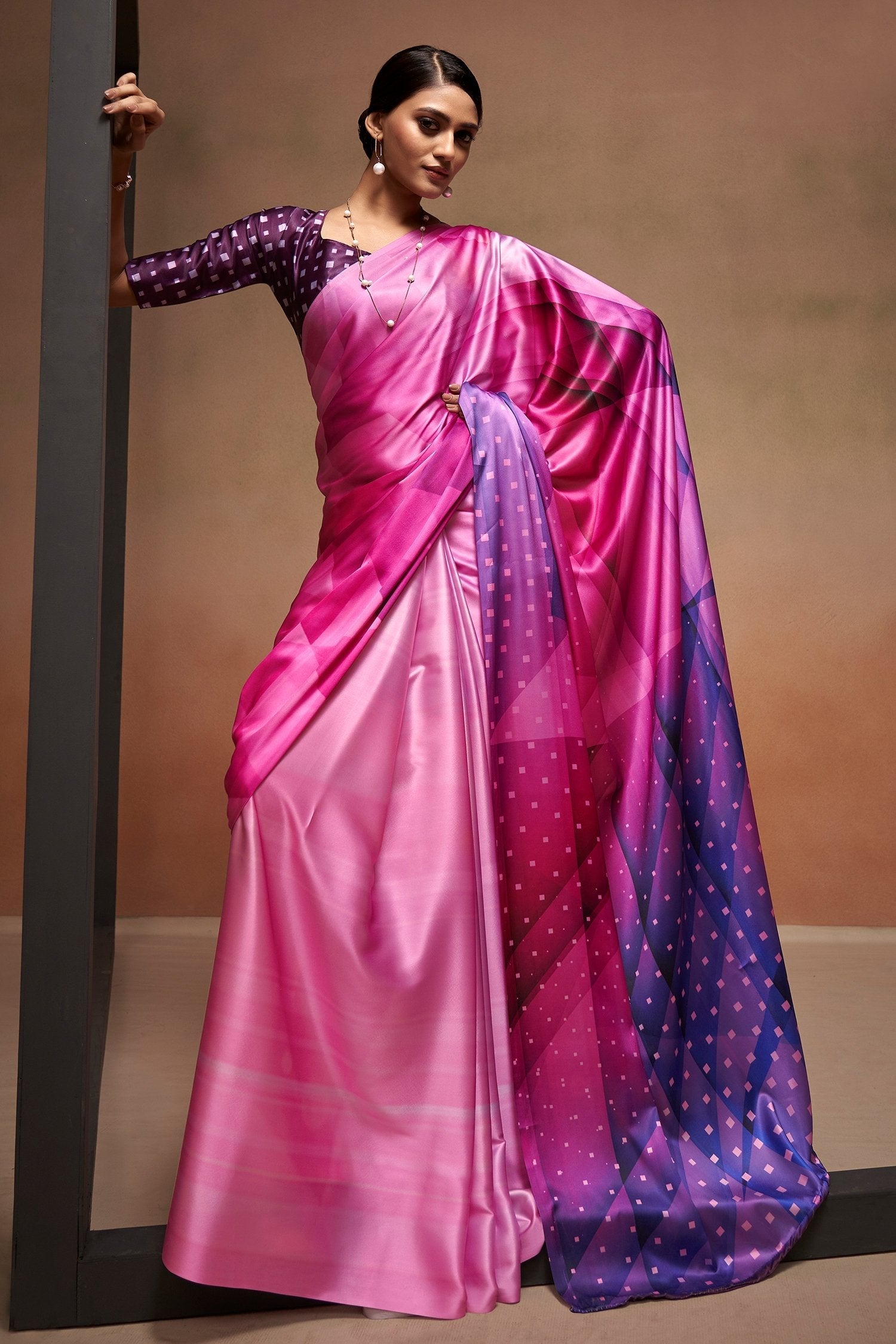 Carissma Pink Printed Satin Silk Saree