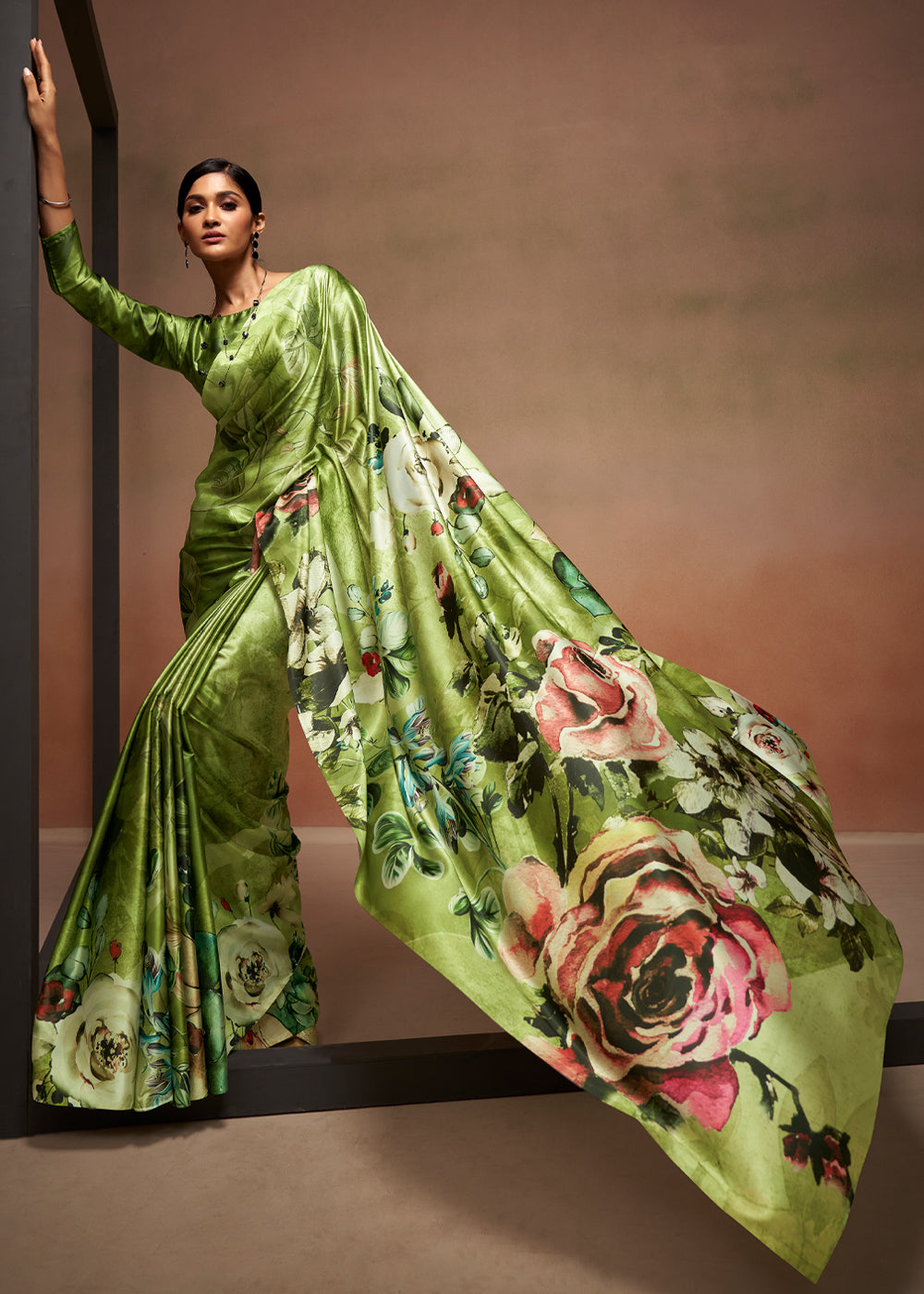 Mantis Green Printed Satin Silk Saree