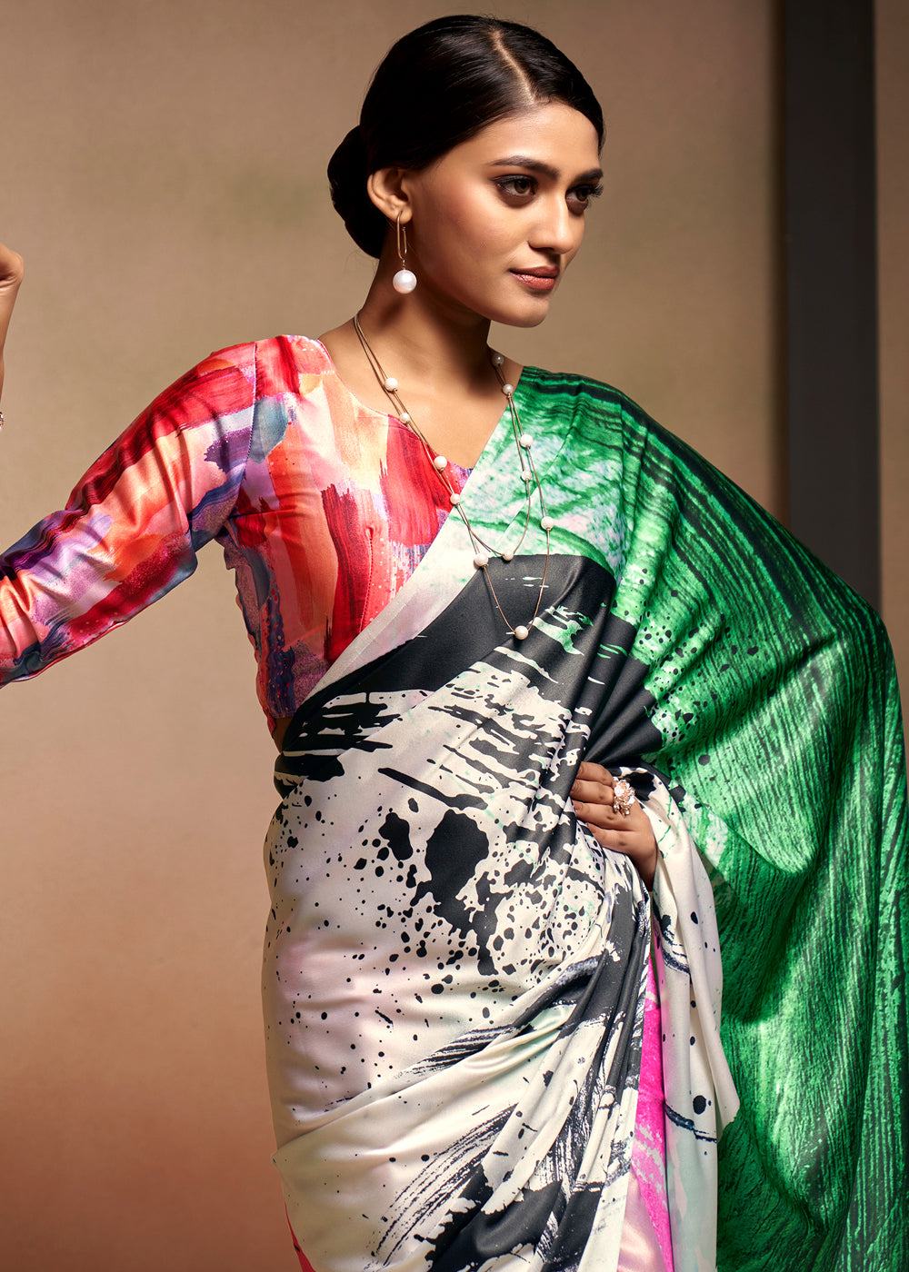 Multicolor Pink Printed Satin Silk Saree