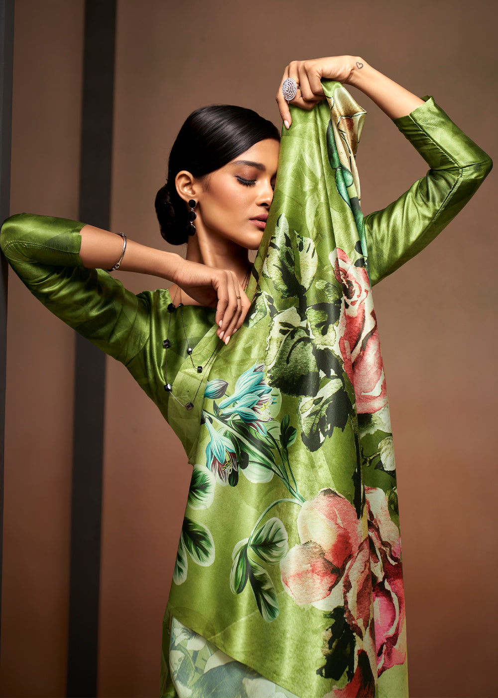 Mantis Green Printed Satin Silk Saree