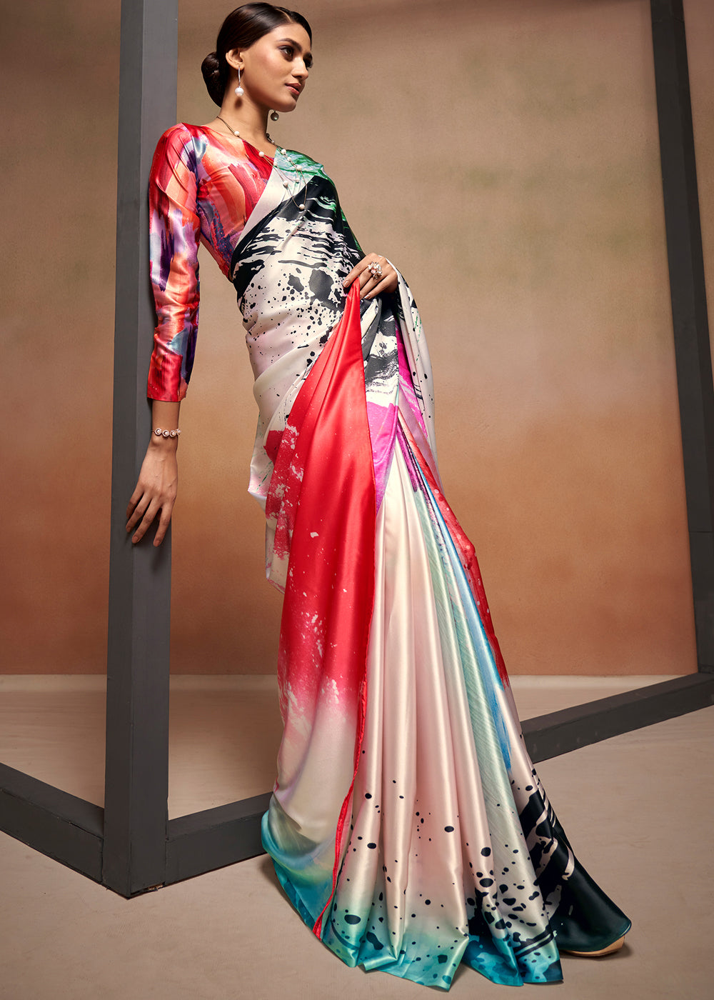 Multicolor Pink Printed Satin Silk Saree