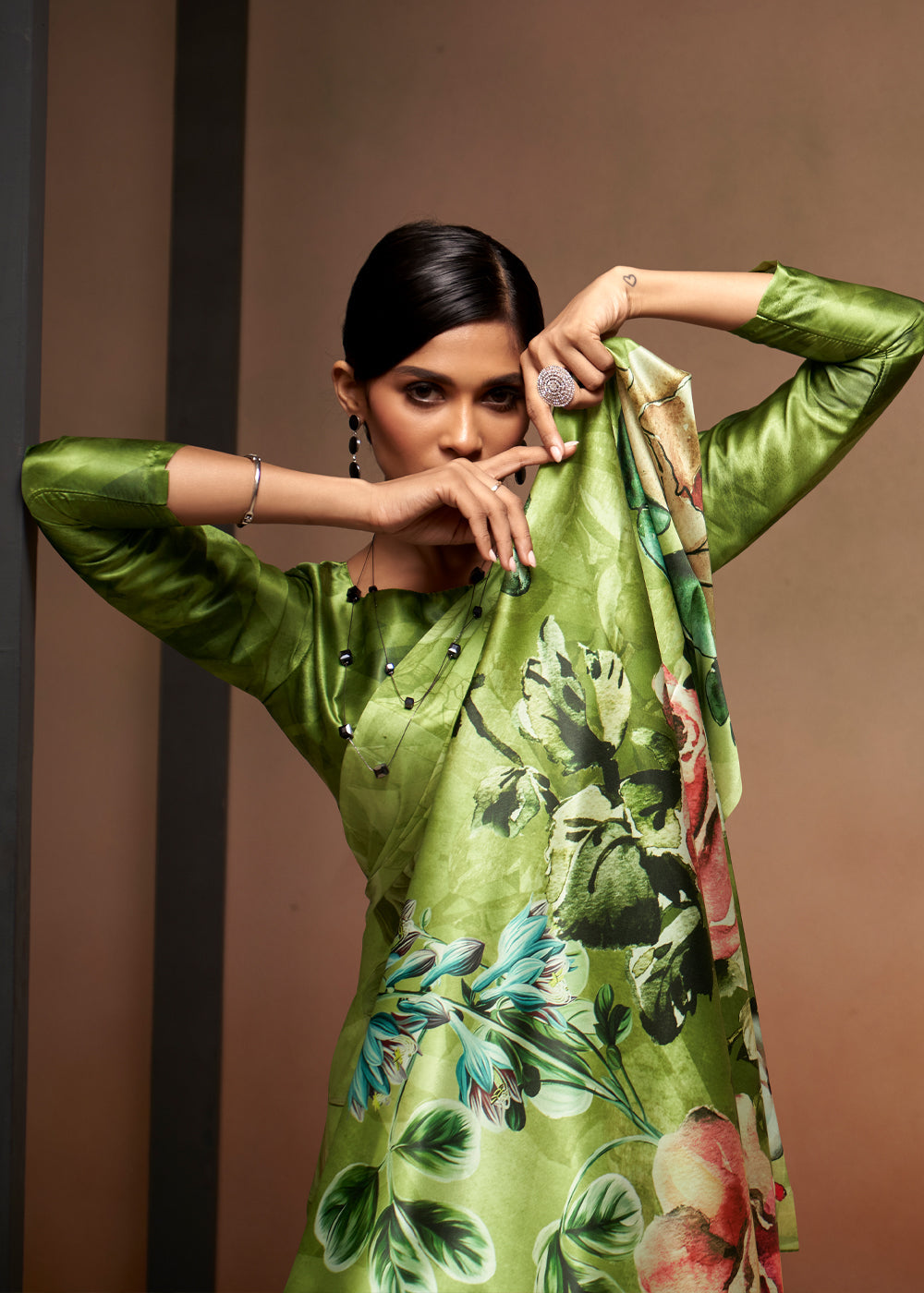 Mantis Green Printed Satin Silk Saree