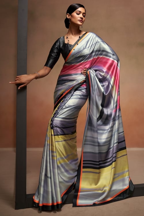 Santas Grey Printed Satin Silk Saree