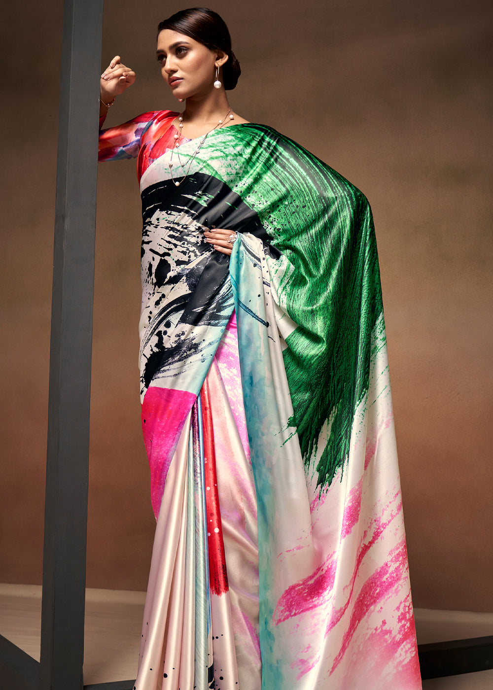 Multicolor Pink Printed Satin Silk Saree