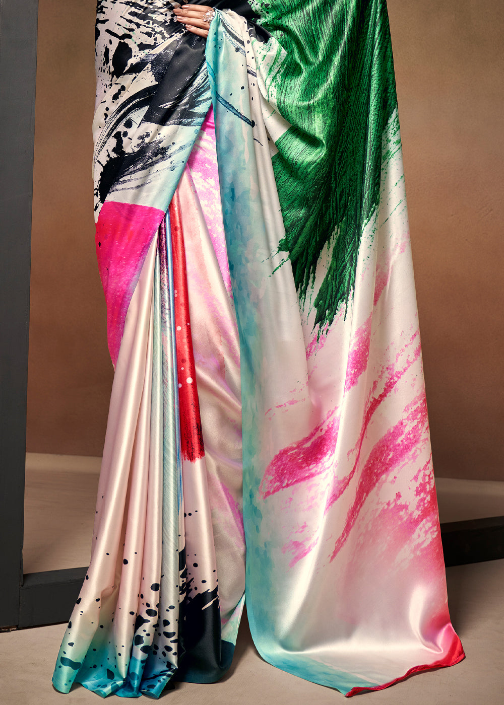 Multicolor Pink Printed Satin Silk Saree