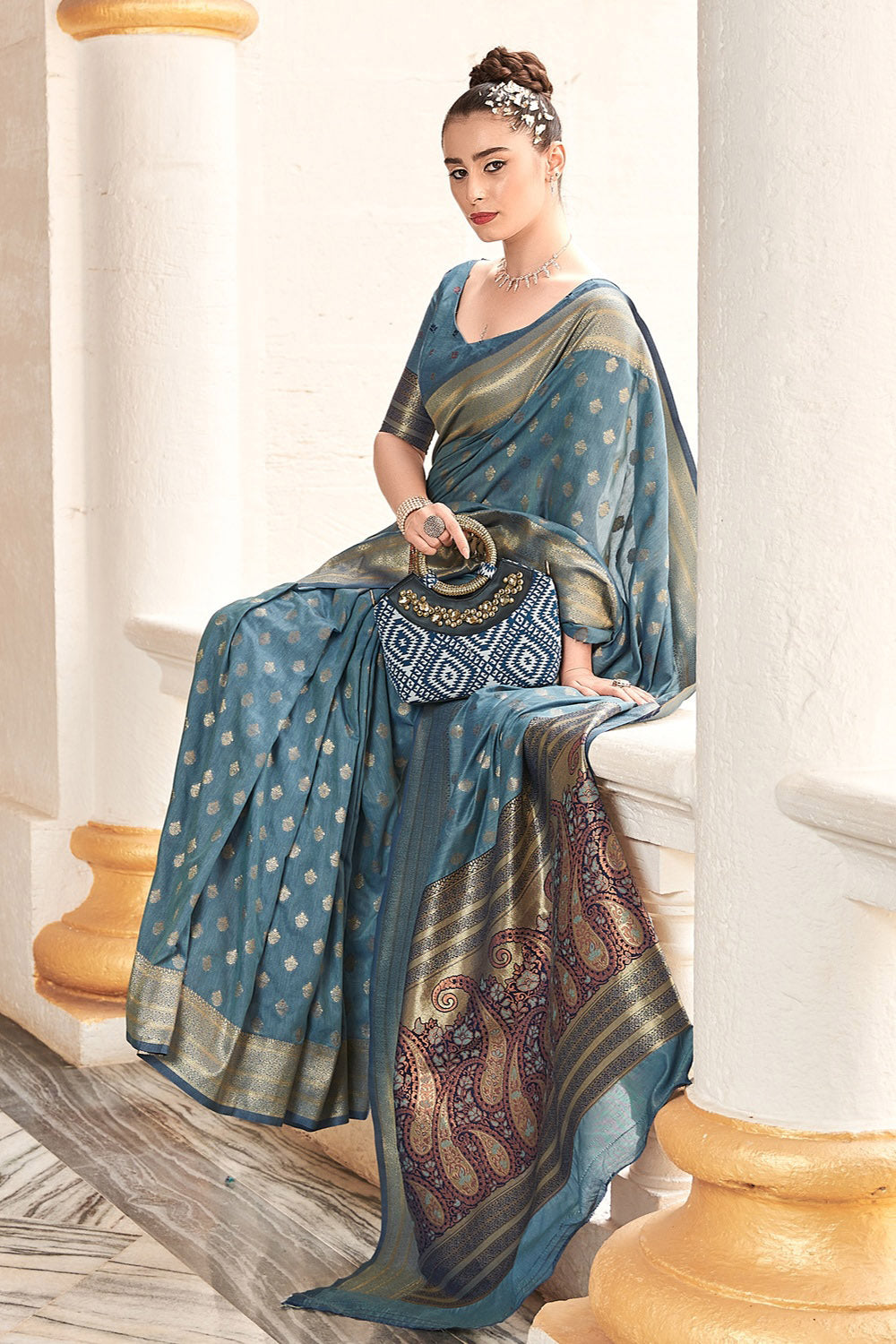 Limed Spruce Grey Woven Cotton Saree