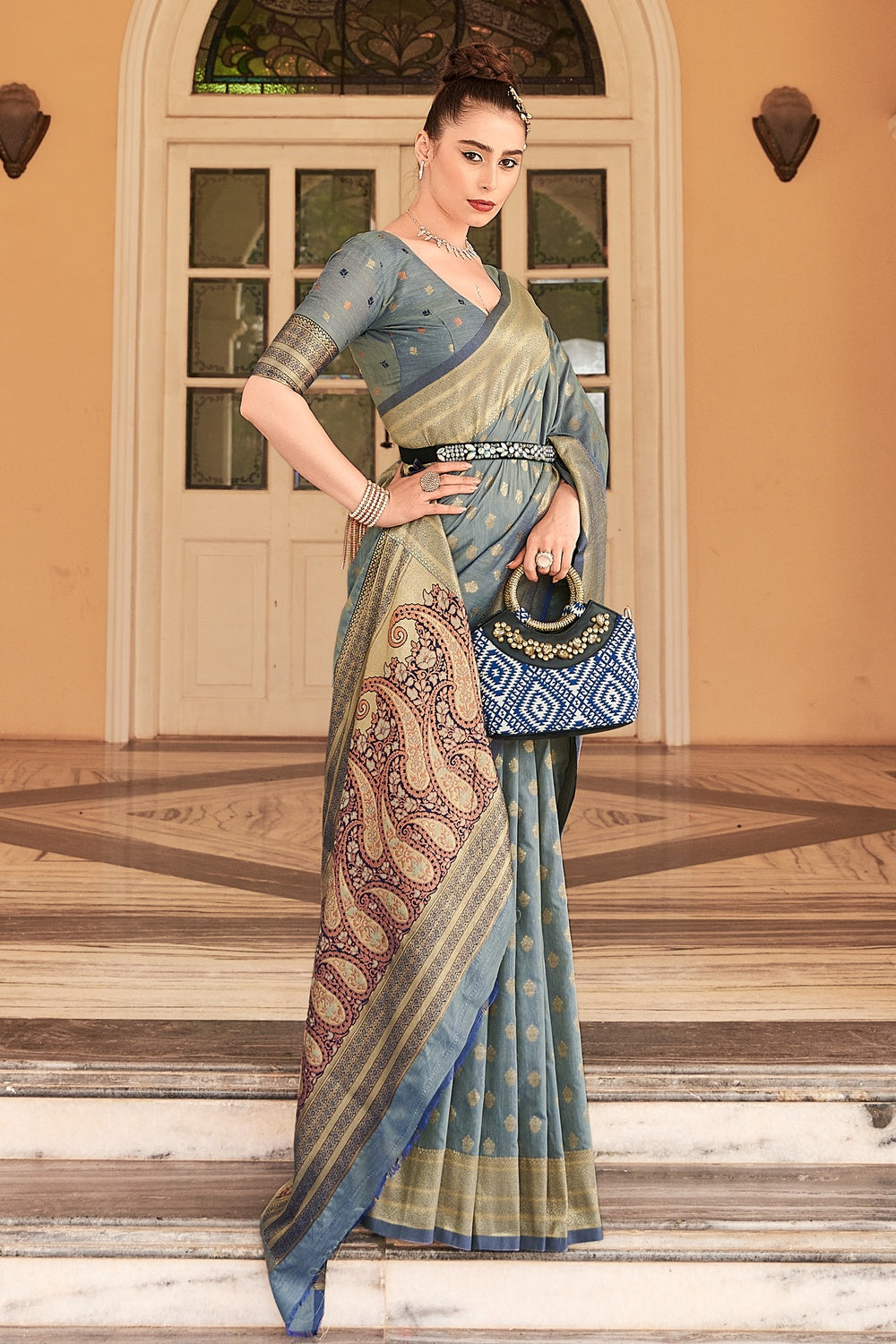 Pewter Grey Woven Cotton Saree