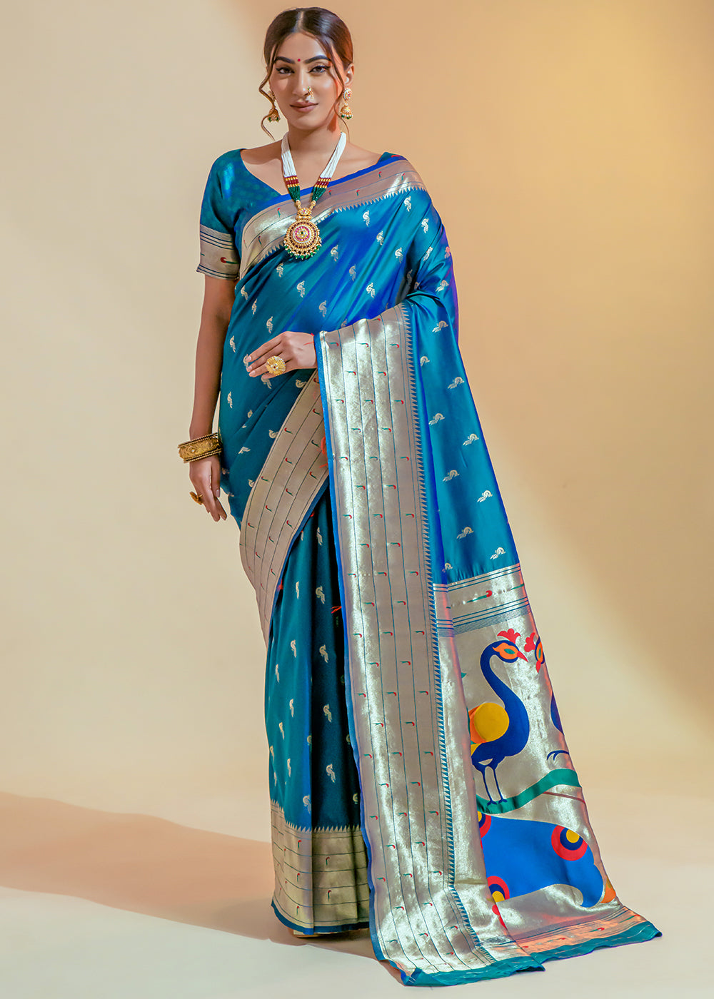 Pacific Blue Woven Paithani Silk Saree