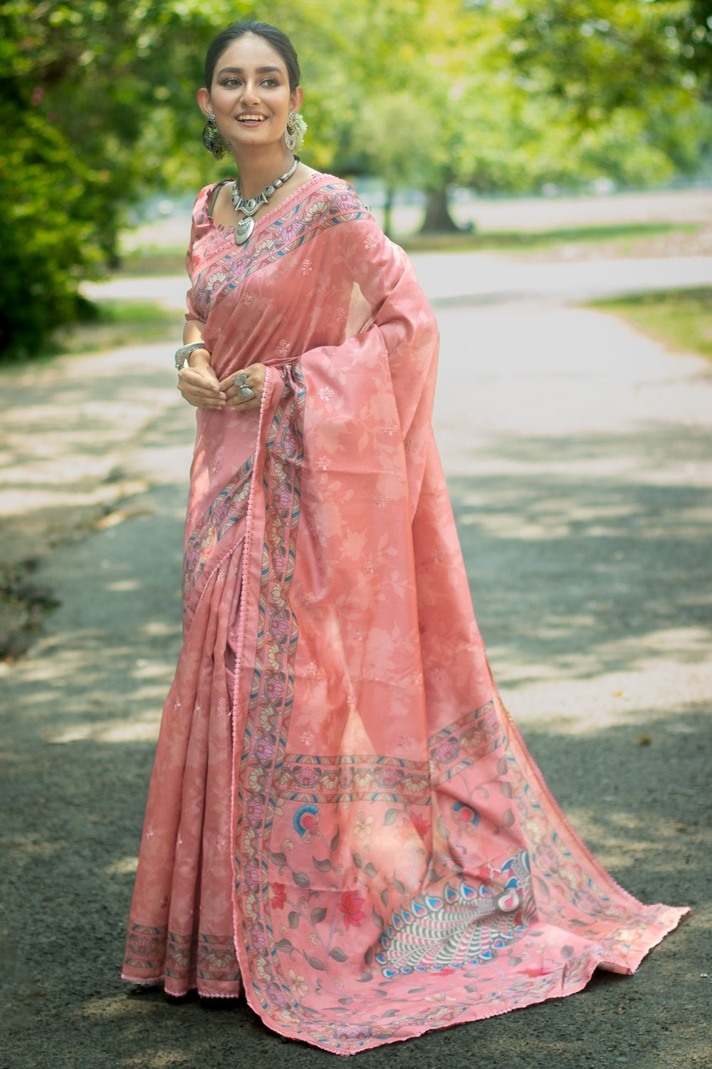 Aboli Peach Tussar Silk Kalamkari Printed Saree