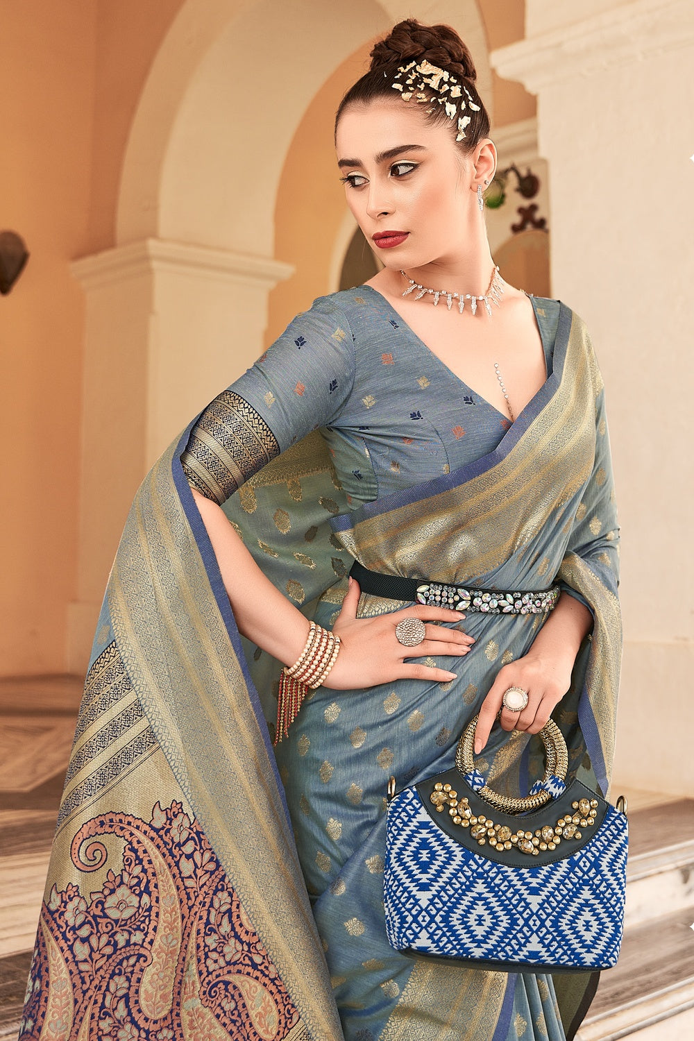 Pewter Grey Woven Cotton Saree