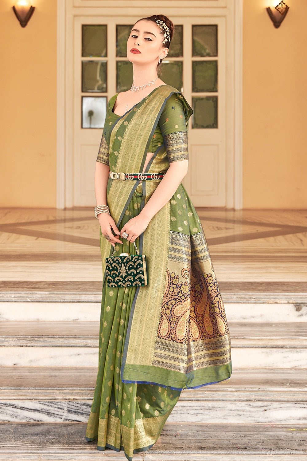 Mindaro Green Woven Cotton Saree