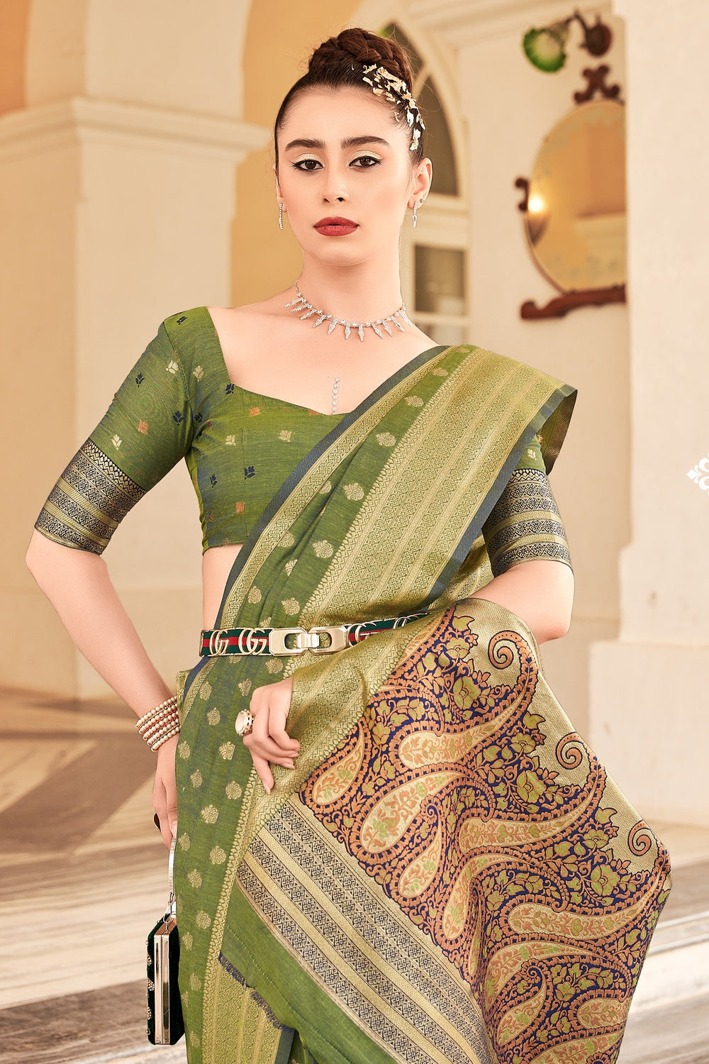 Mindaro Green Woven Cotton Saree