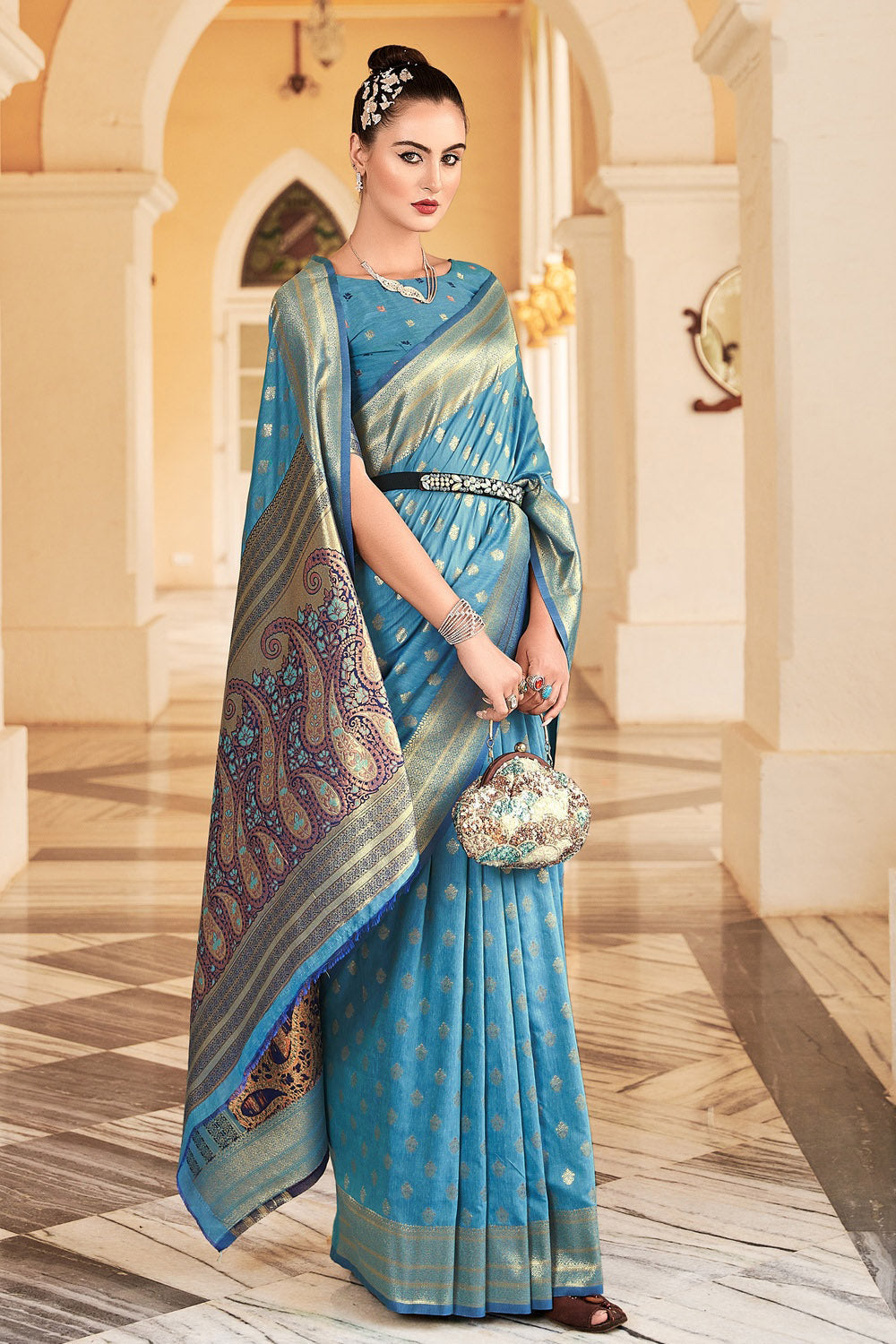 Morning Glory Blue Woven Cotton Saree