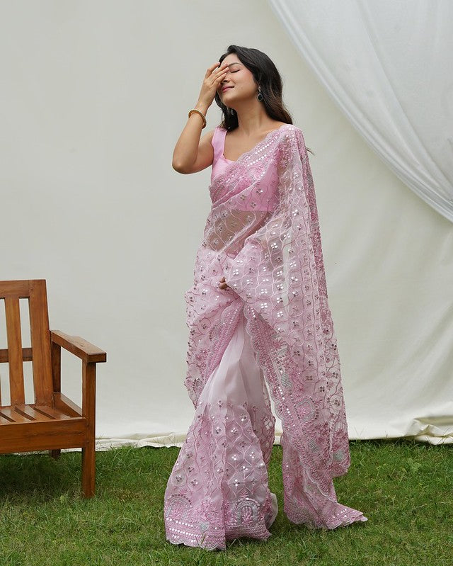 Lily Pink Designer Organza saree with Sequence Work