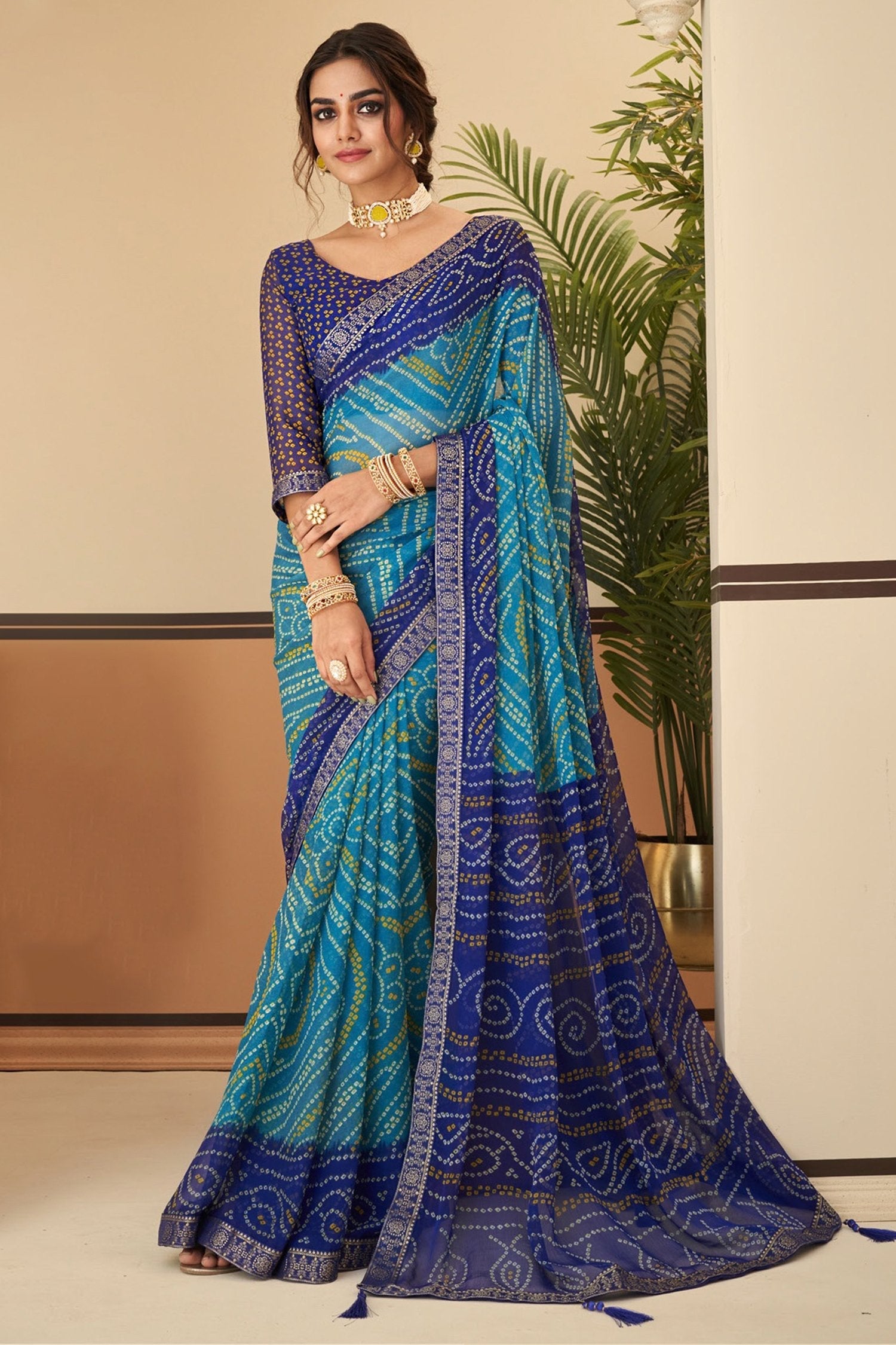 Malachite Blue Chiffon Bandhani saree