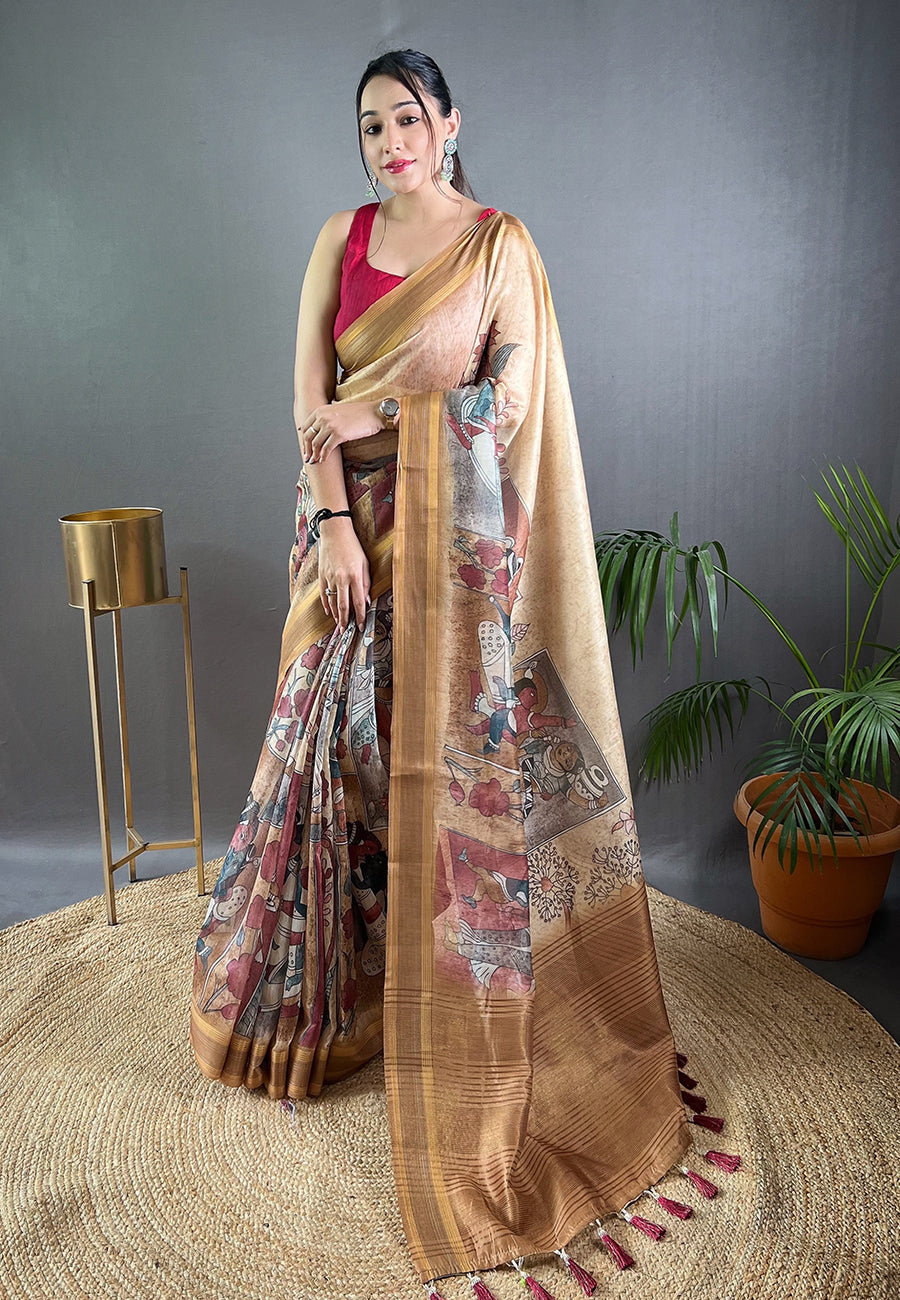 Mongoose Brown Cotton Kalamkari Printed Saree