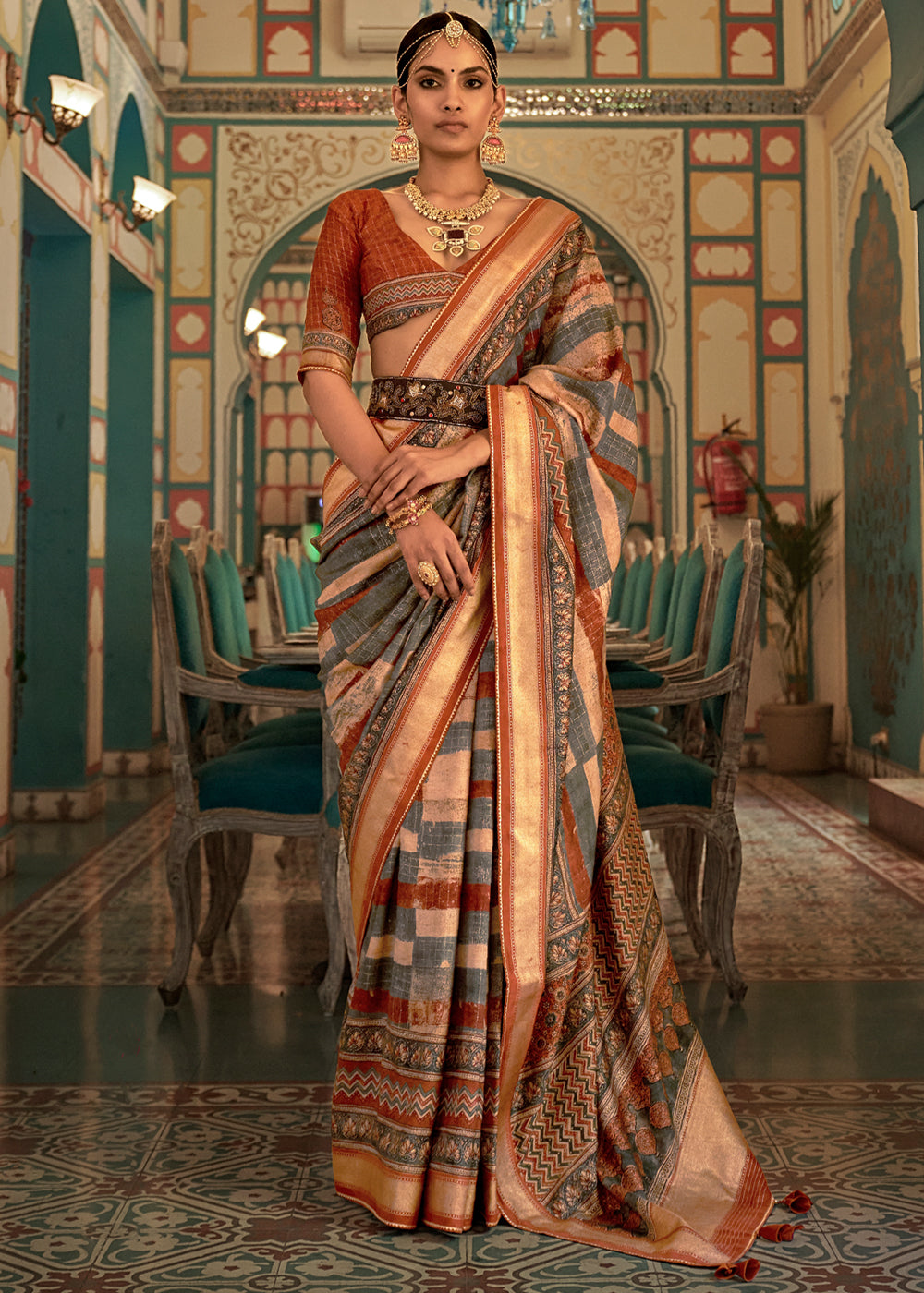 Shadow grey and Cream Printed Patola Soft Silk Saree