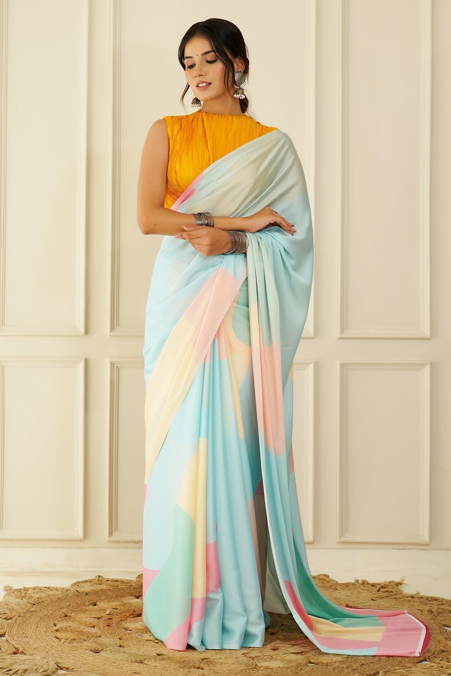 Paris Blue and Pink Crepe Silk Georgette Saree