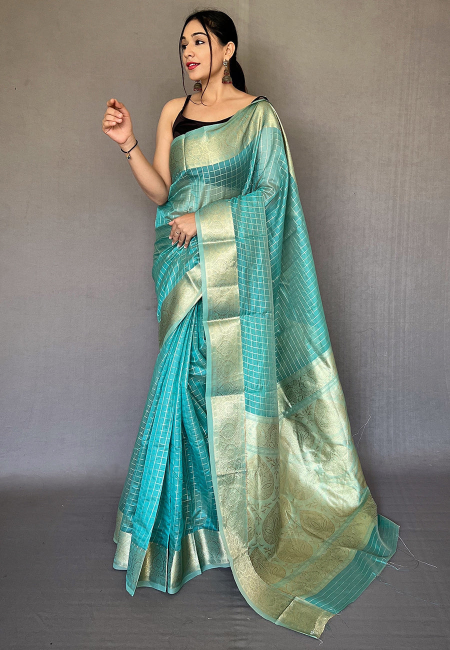 Malachite Blue Zari Woven Organza Checks Saree