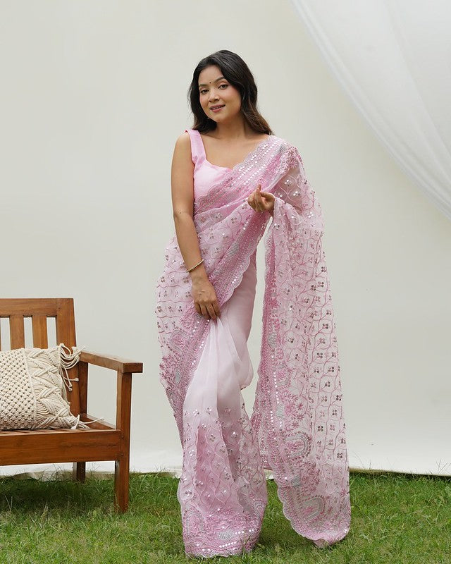 Lily Pink Designer Organza saree with Sequence Work