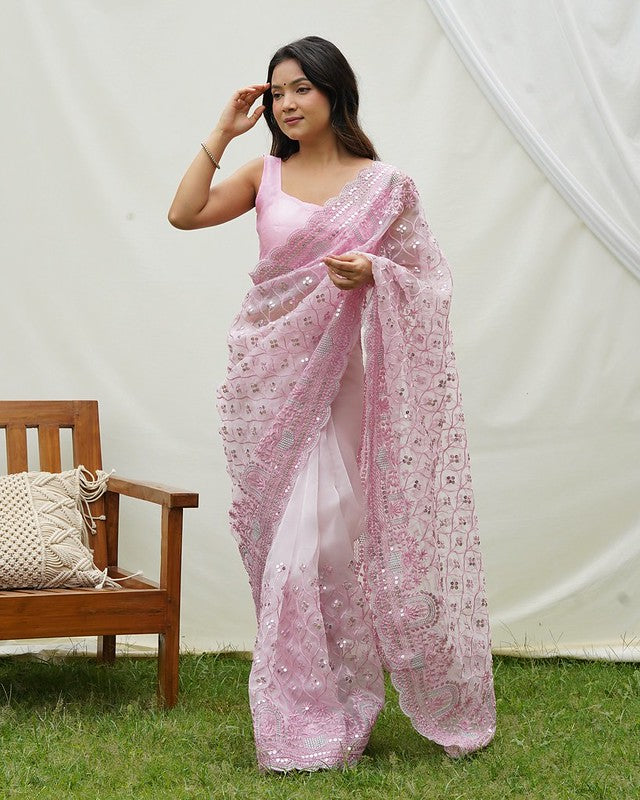 Lily Pink Designer Organza saree with Sequence Work