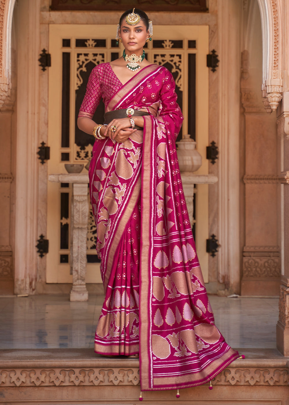 Cabaret Pink Woven Banarasi Soft Silk Saree