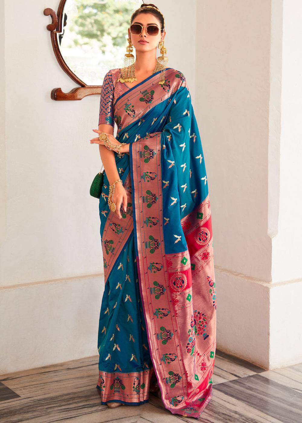 Regal Blue and Pink Zari Woven Paithani Silk Saree