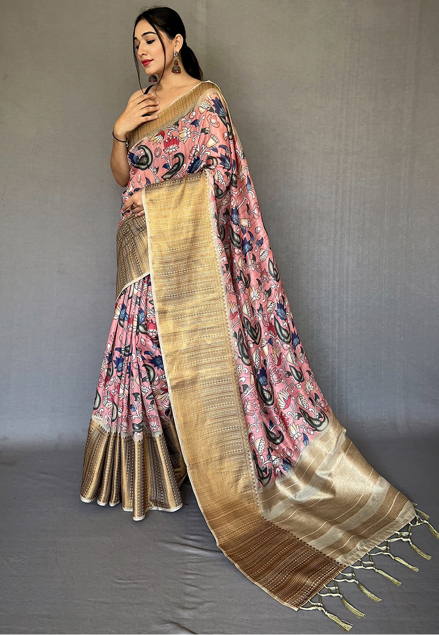 Petite Pink Zari Woven Cotton Kalamkari Digital Printed Saree