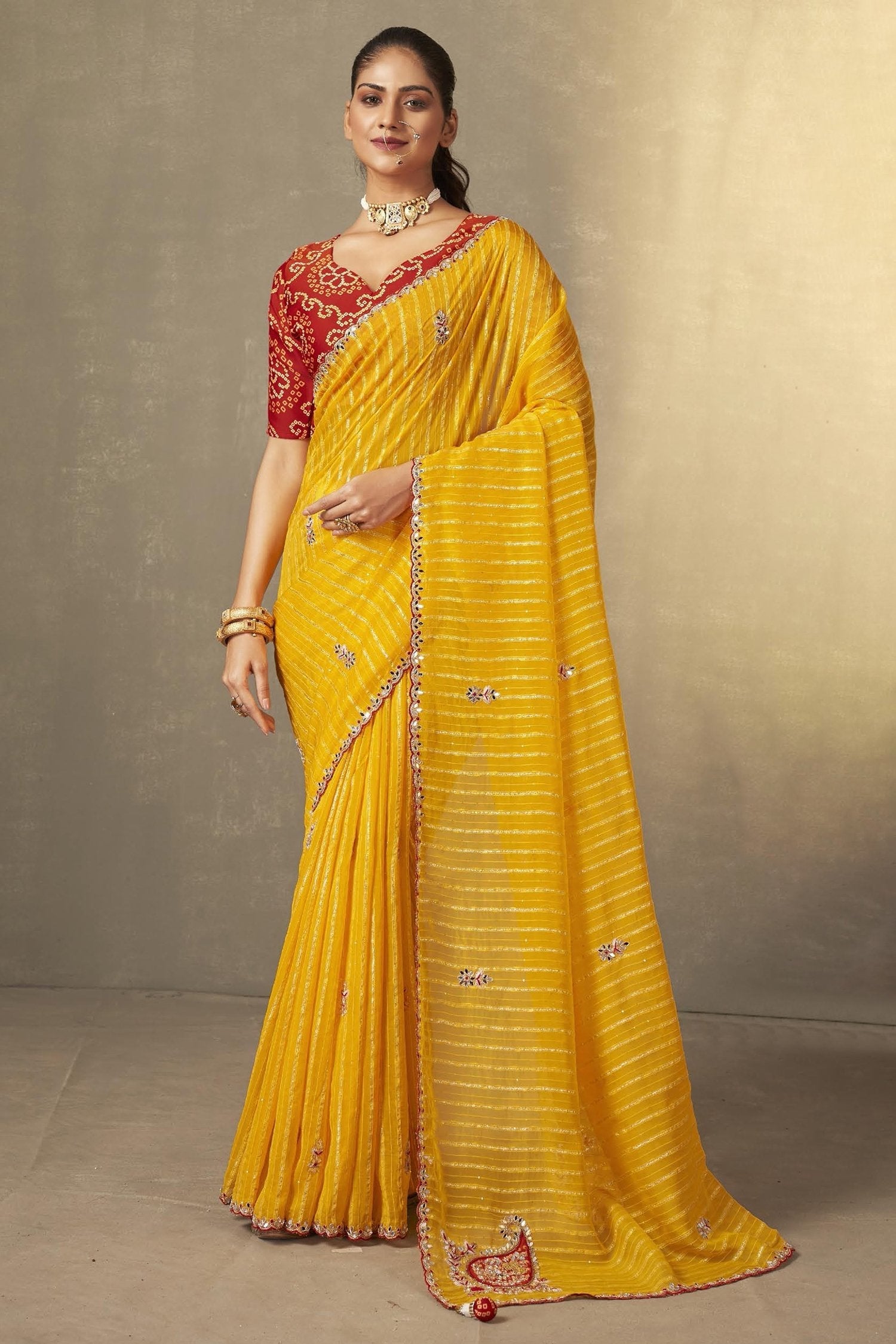 Fuel Yellow and Red Embroidered South Silk Saree with Designer Blouse