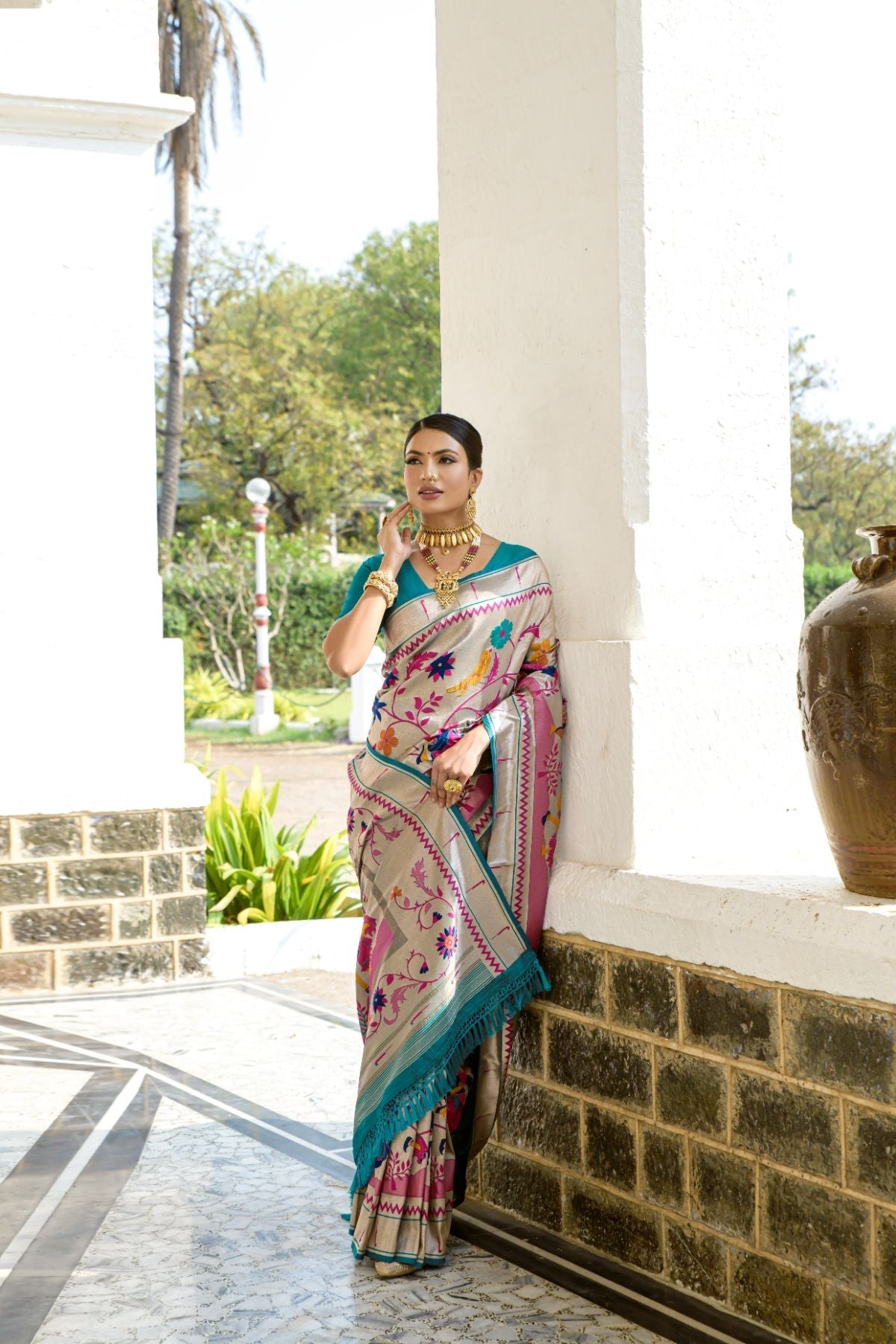 Envy Blue and Pink Woven Paithani Silk Saree