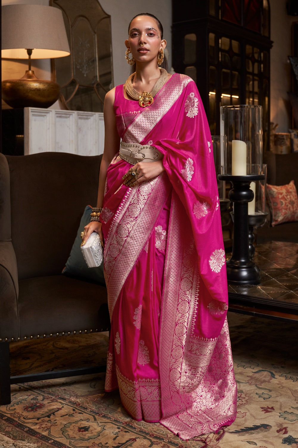 Cerise Pink Woven Georgette Silk Saree