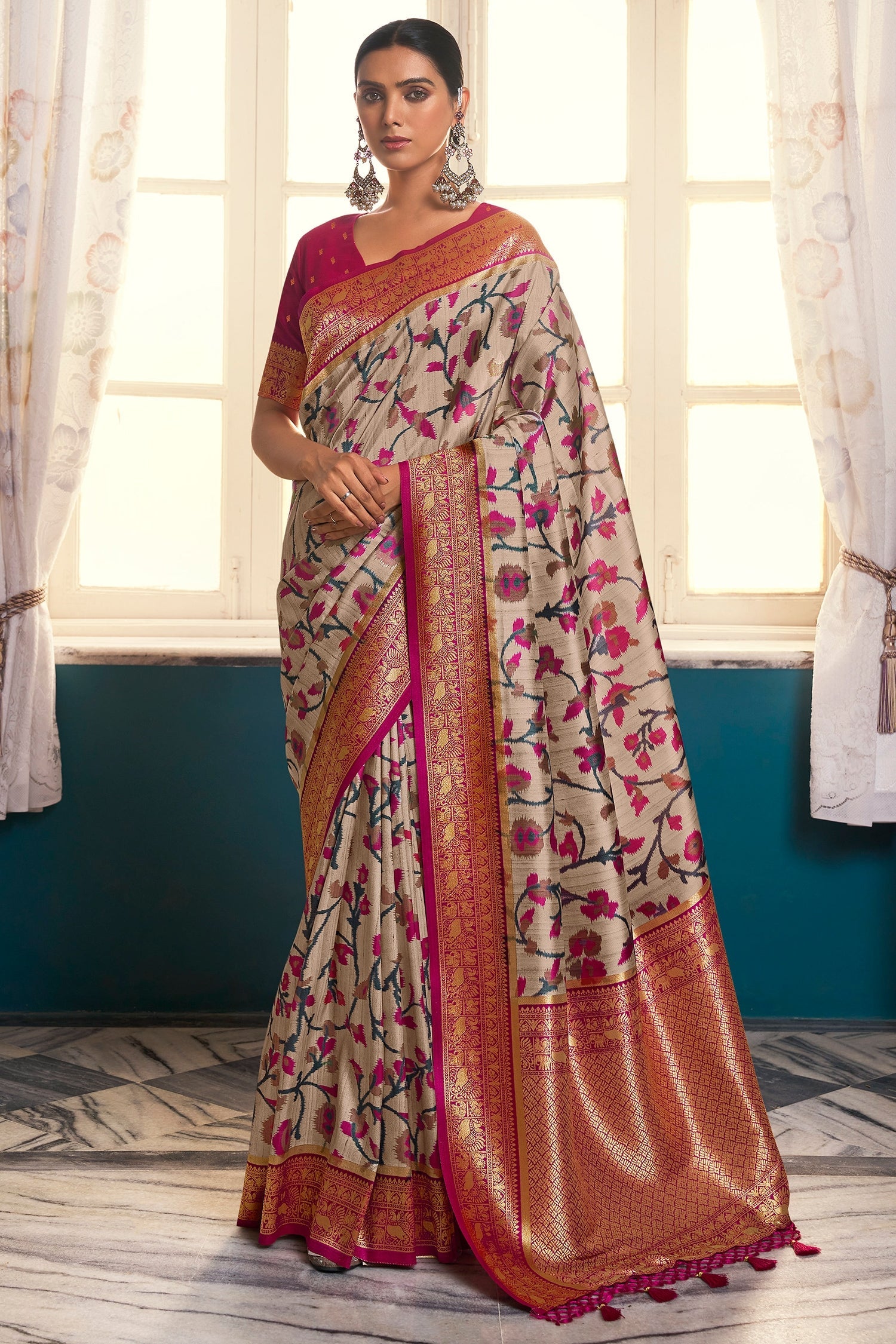 Sapling Brown Digital Printed Banarasi Silk Saree