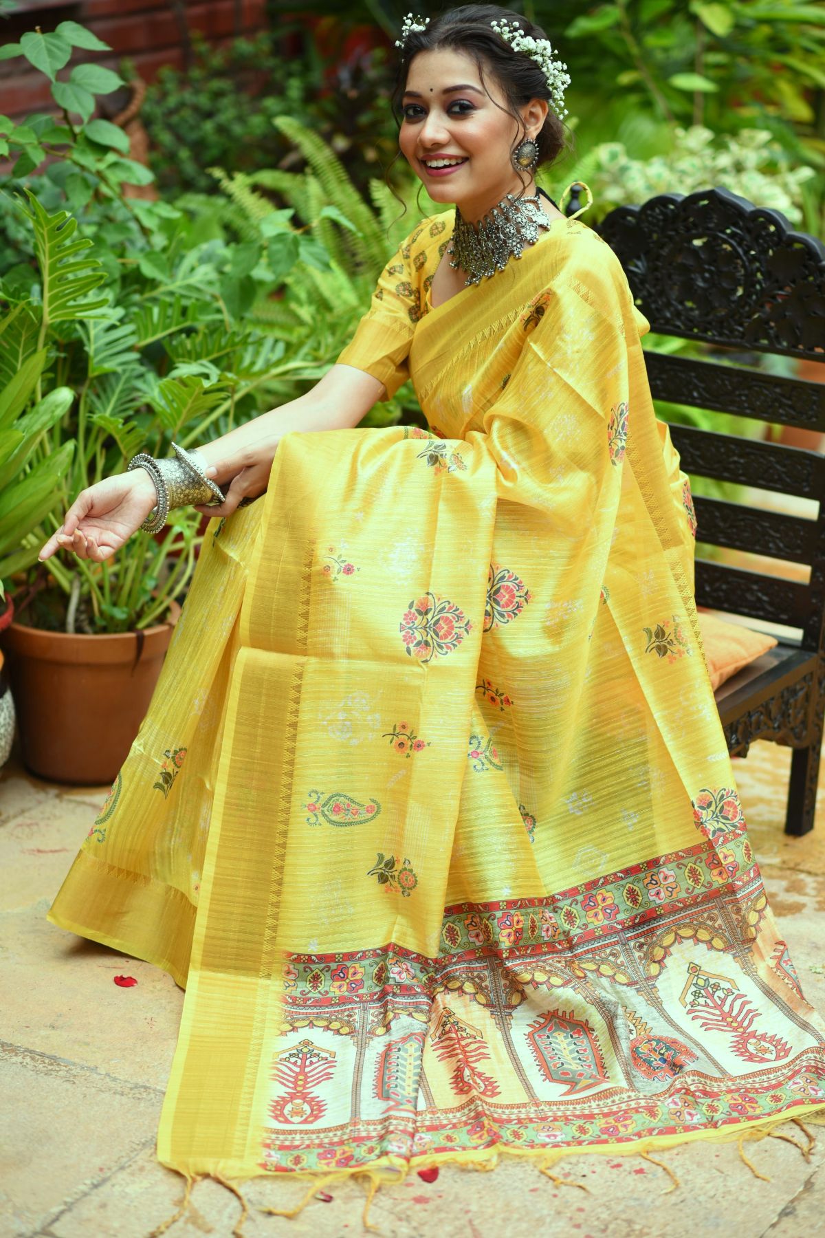 Paris Daisy Yellow Printed South Silk Saree