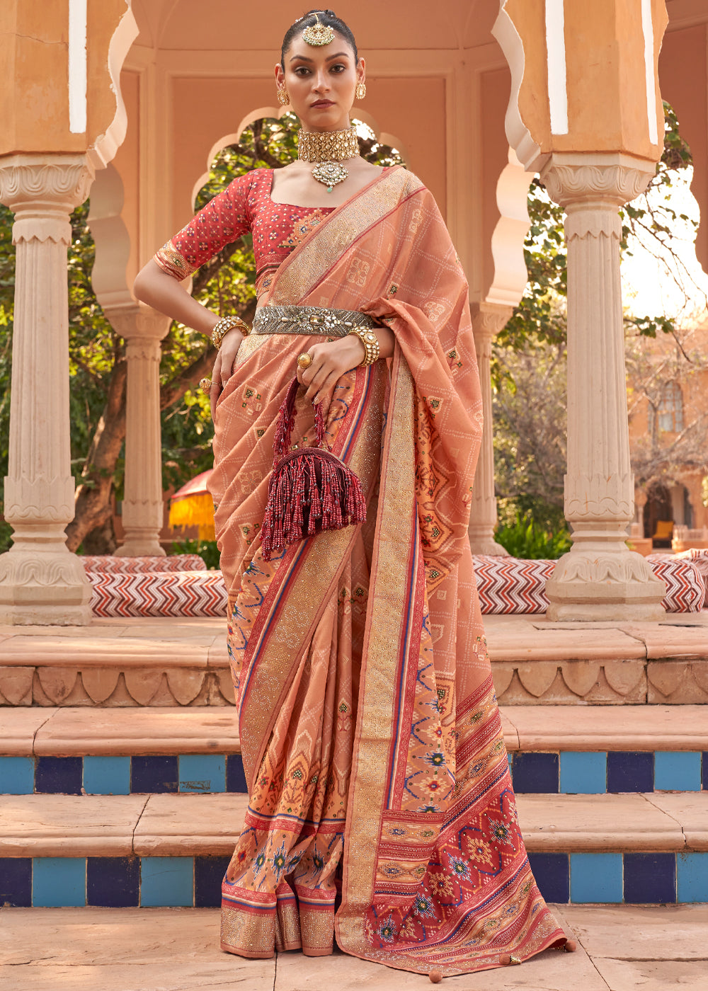 Tacao Peach Printed Patola Silk Saree