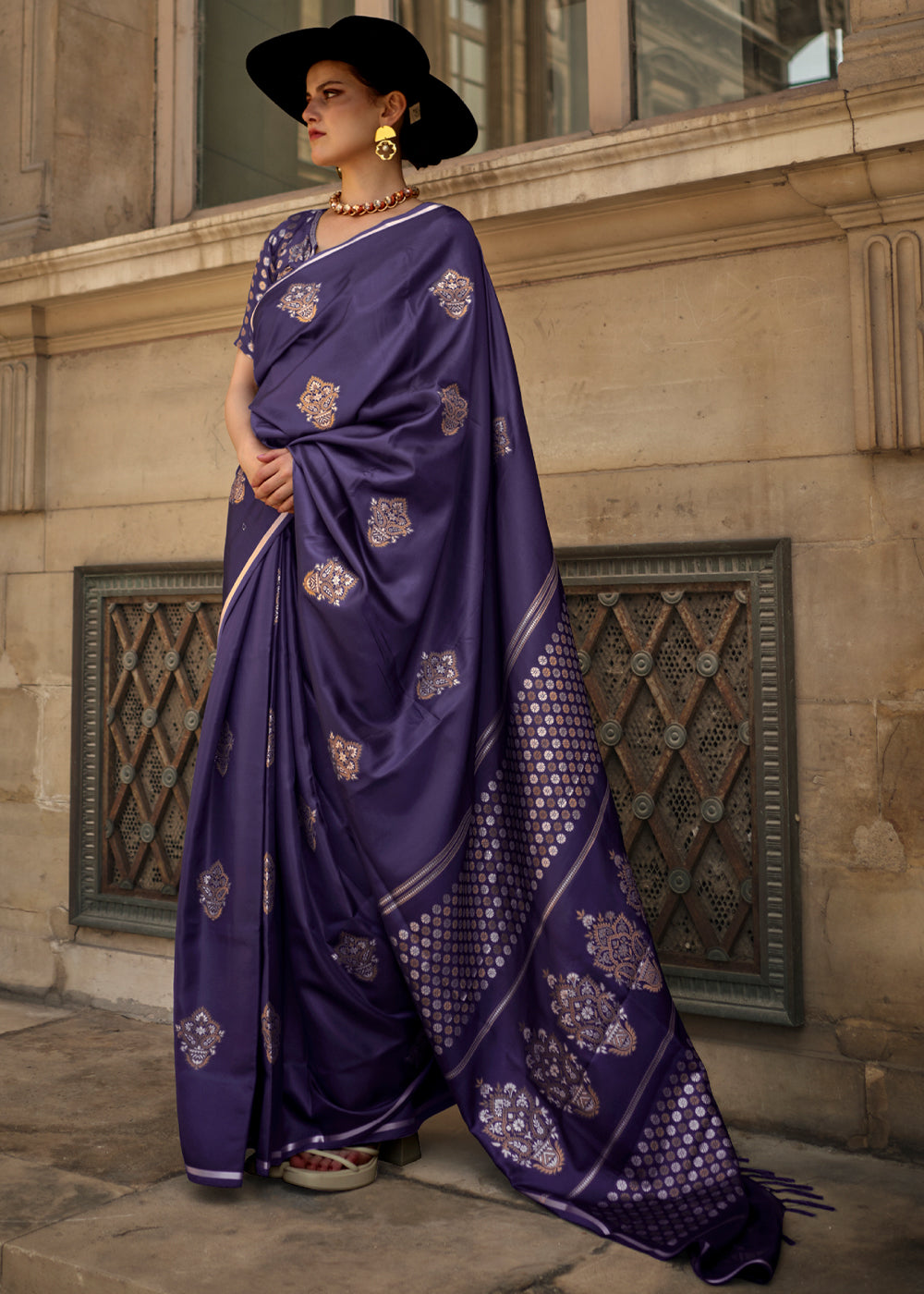 Revolver Blue Woven Banarasi Satin Silk Saree