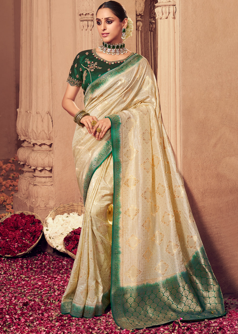 Chamois Cream and Green Zari Woven Designer Banarasi Saree