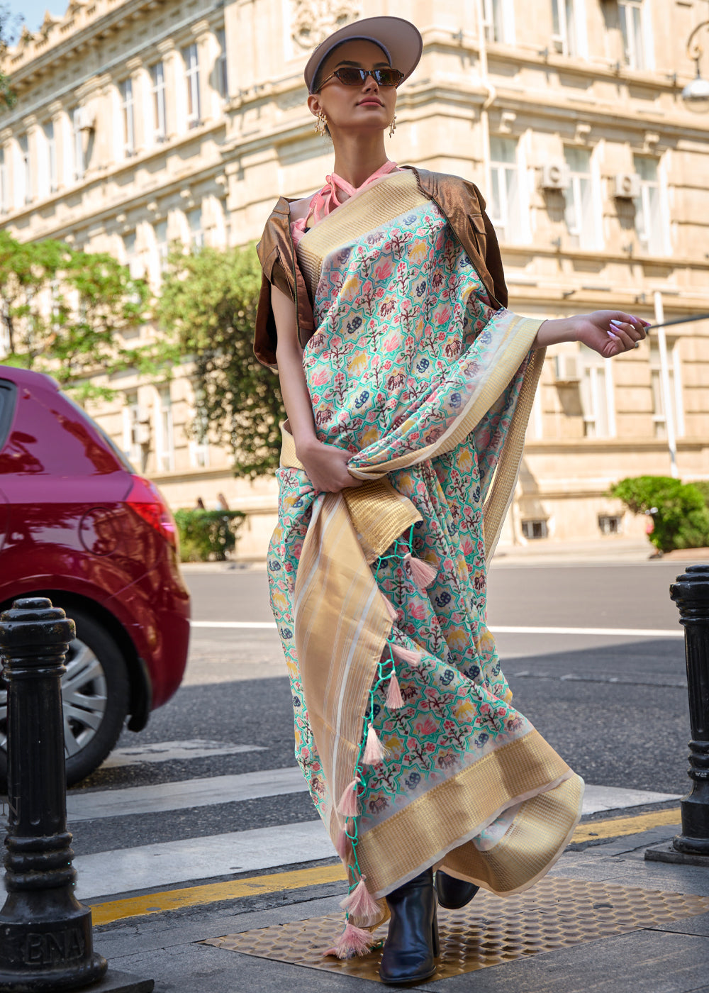 Summer Green Organza Printed Satin Silk Saree