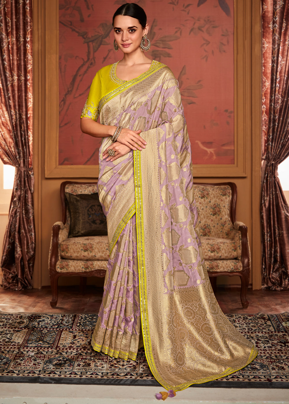 Quicksand Purple Woven Banarasi Designer Silk Saree With Embroidered Blouse