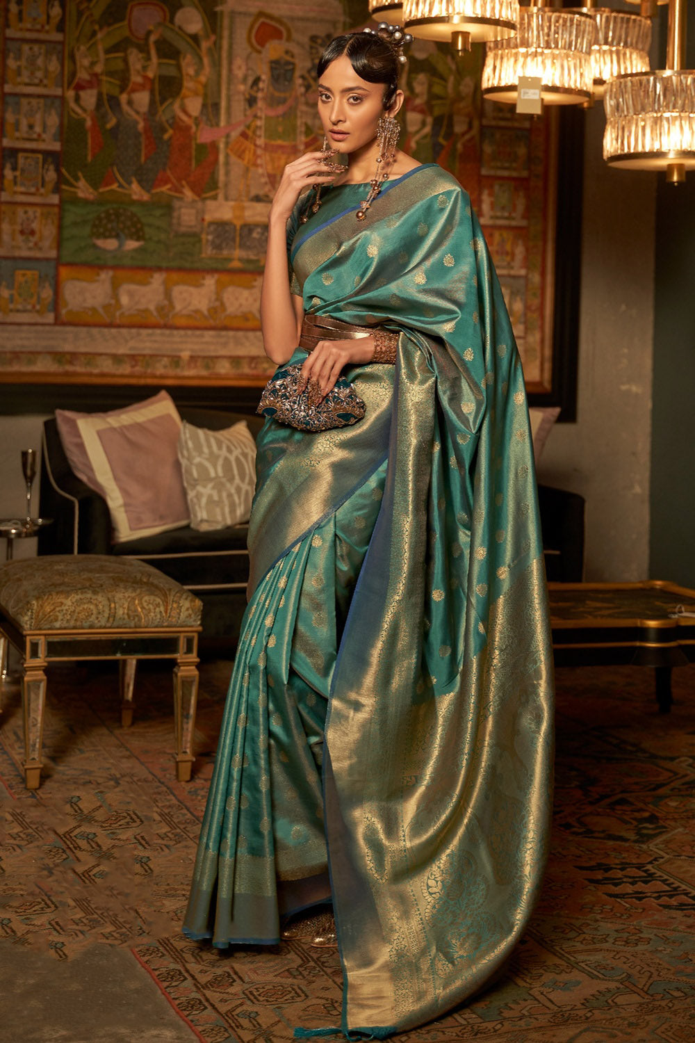 Axolotl Green Woven Kanjivaram Handloom Silk Saree