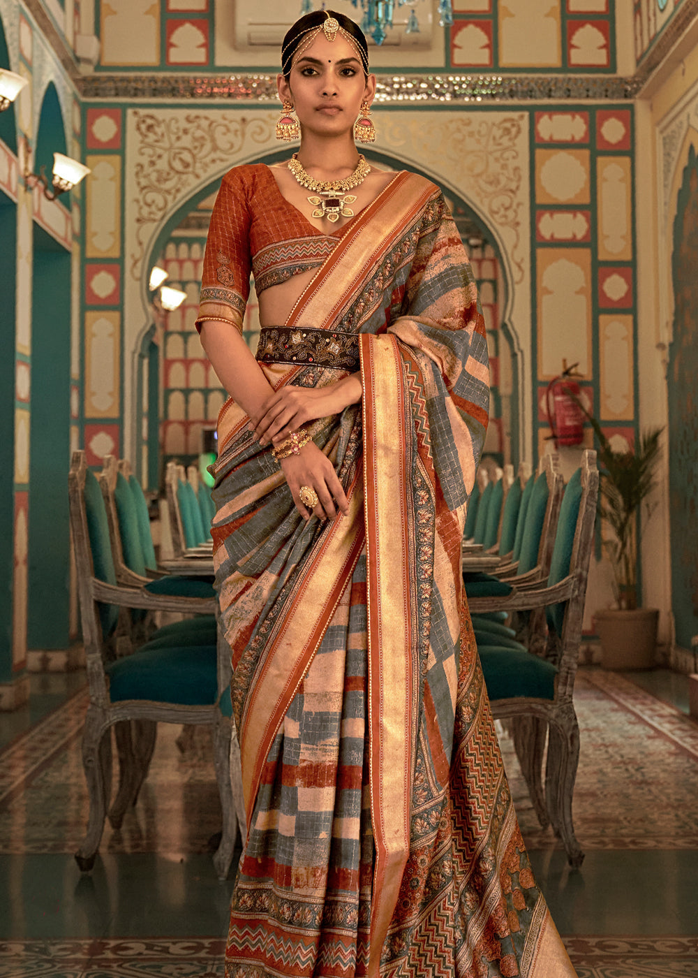 Shadow grey and Cream Printed Patola Soft Silk Saree