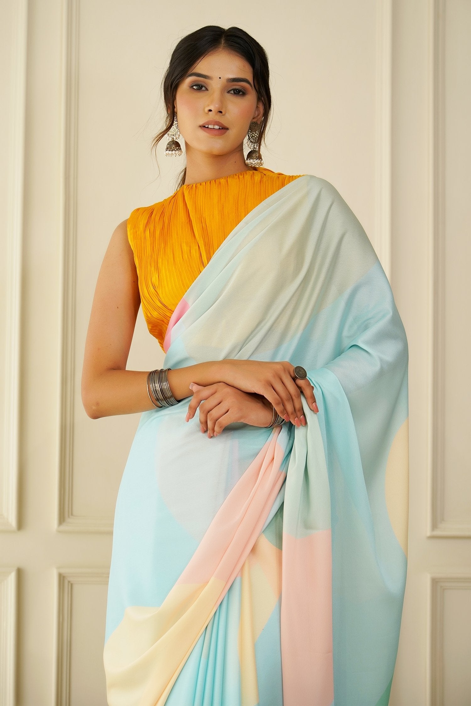 Paris Blue and Pink Crepe Silk Georgette Saree