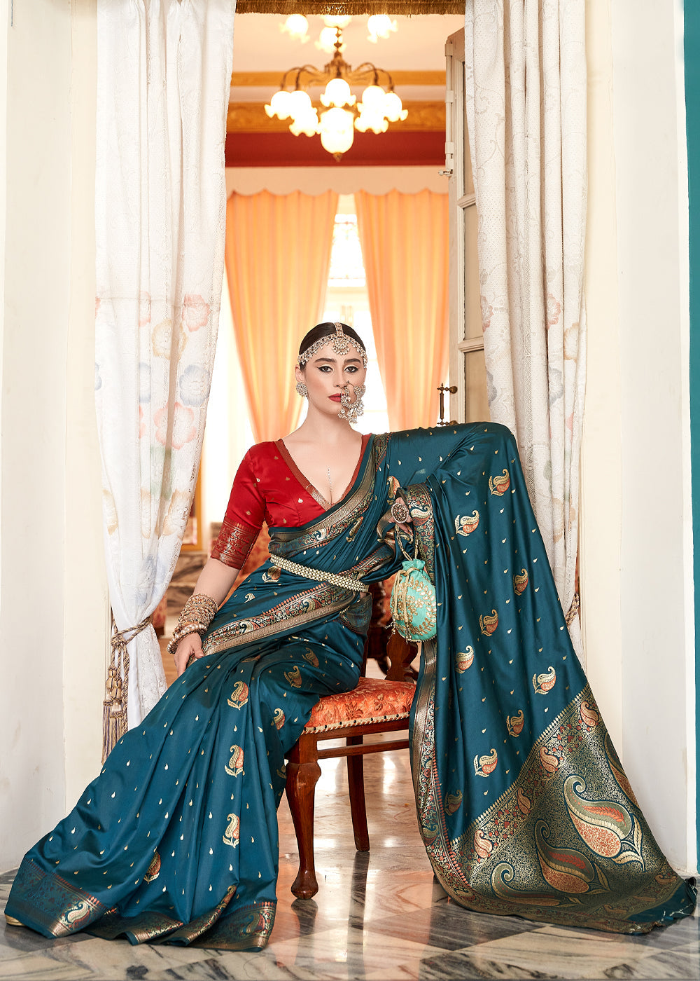 Nile Blue Woven Banarasi Soft Silk Saree