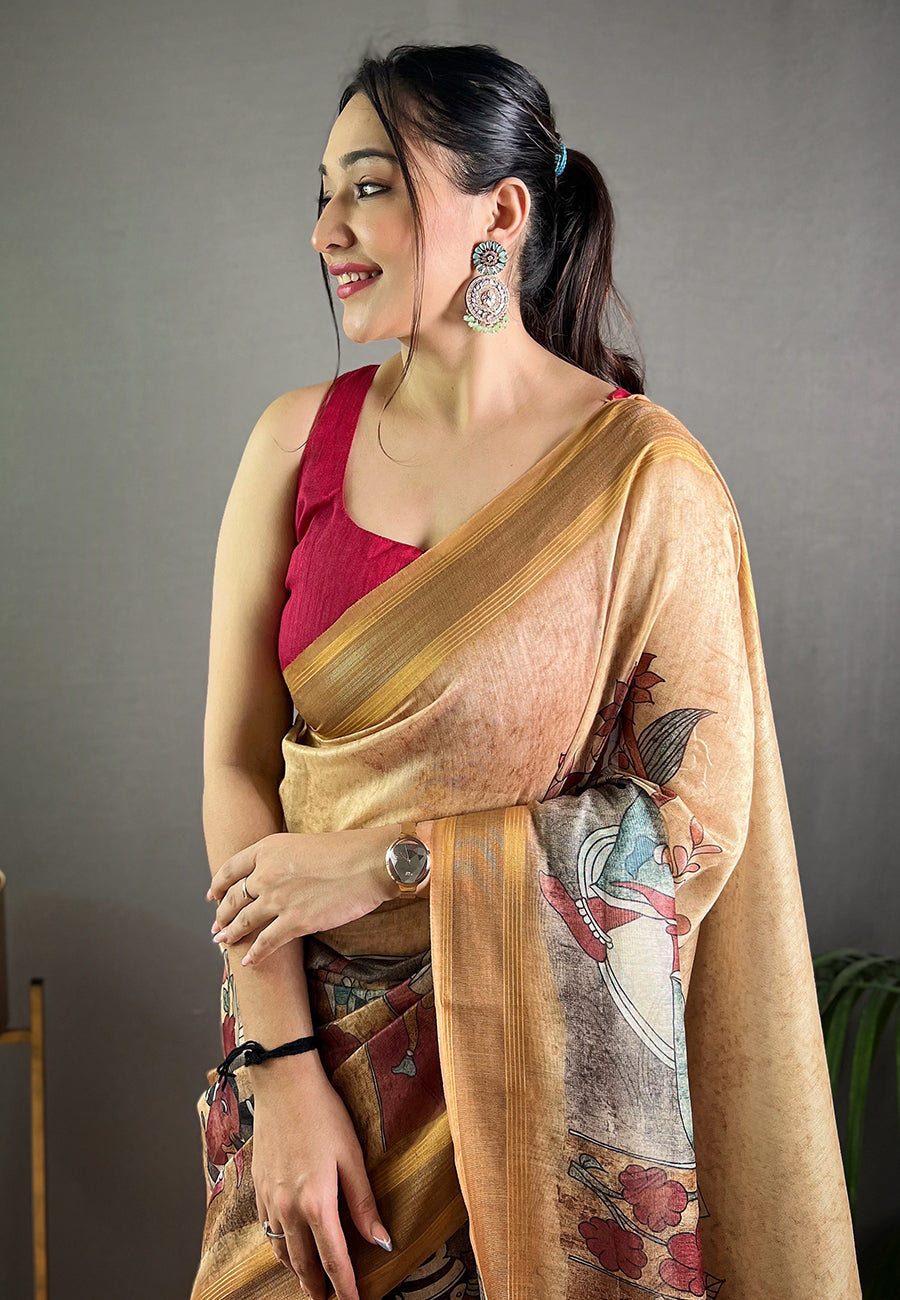 Mongoose Brown Cotton Kalamkari Printed Saree